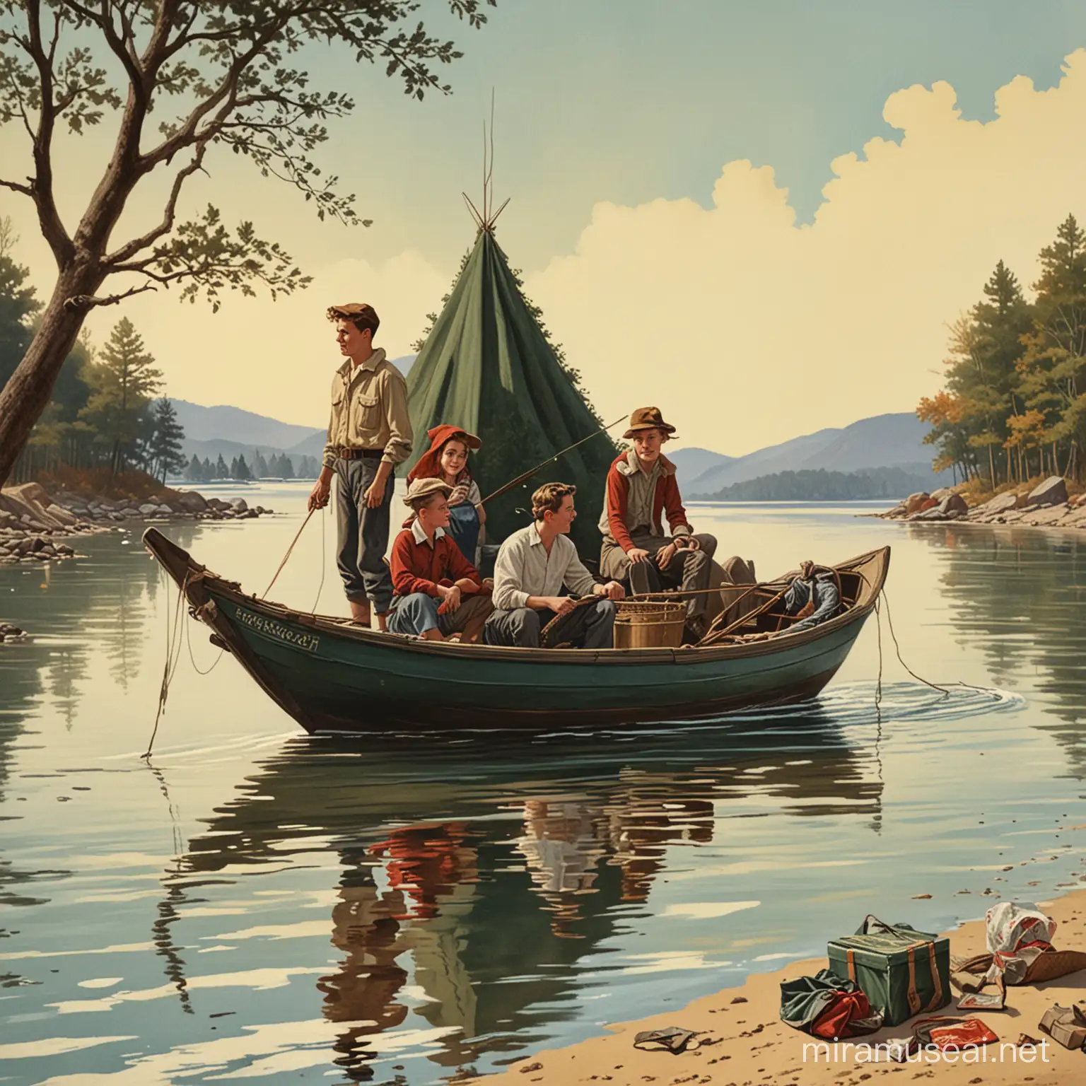 Norman Rockwell style illustrated magazine advertisement from the 1940's depicting four scenes from "a day in Lake City", the top left scene is a man and a boy in a fishing boat, the top right is a woman riding a horse, the bottom left is a child playing on the beach, the bottom right is four hooded figures standing around a black Christmas tree with an alien head