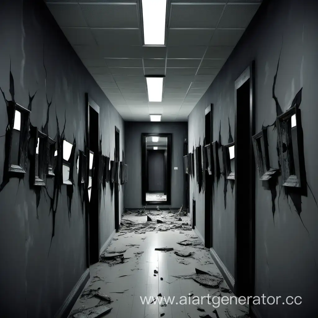dark corridor with grey walls, mirrors hanging on the walls, some of them broken, at the end of the corridor a large mirror with cracks,
