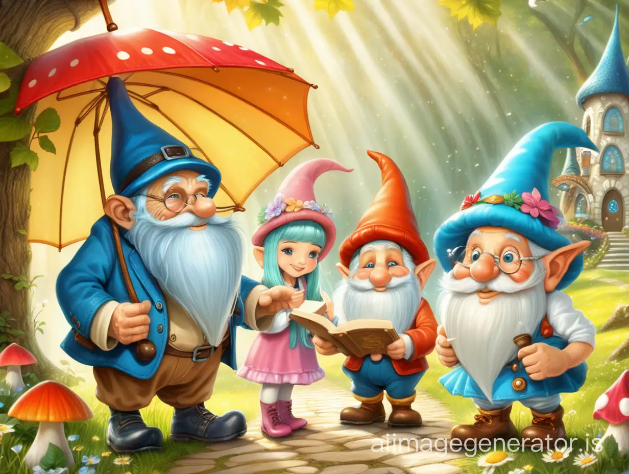 old man, fairytale lady and two gnomes in sunny wonderland under magic umbrella, all happy