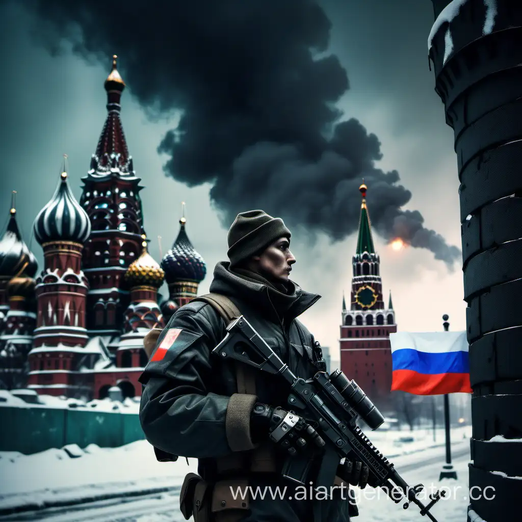 a soldier, against the background of the Kremlin, he has a robot arm, he smokes, a cap on his head, people with posters around, a Russian flag on the tower, winter, cold, dark, cyberpunk, futuristic, dystopian, depressive