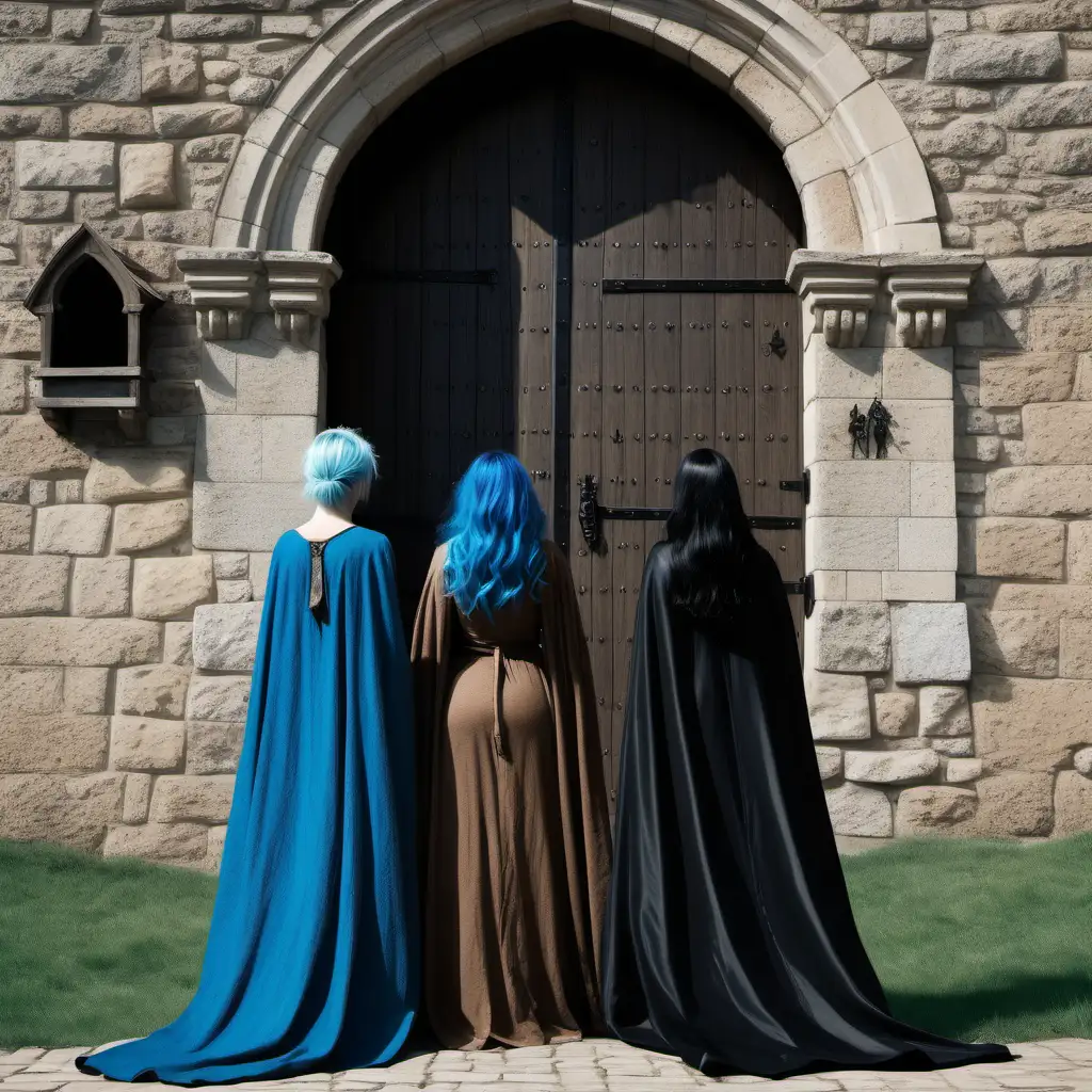 there are two woman backwards, facing the door of an medieval castle. The taller woman has blue hair and is wearing a brown tunic, the other woman is shorter, has black hair, black hair and is wearing a black cape, two woman only