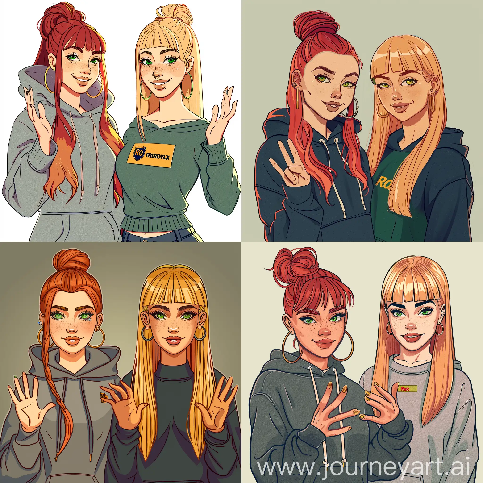illustrate female twins, one has long red hair tied on top in a tight bun and green eyes and wears hoodies and hoop earrings.  the other has straight bleached shoulder length blonde hair and green eyes and works for Royal Mail. They both doing a smiling welcome gesture pose. create a comedy cartoon style. Ensure their full body is shown and not cropped