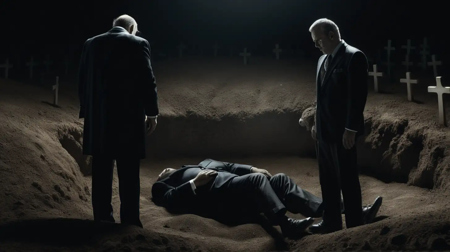 man in darkness buried in dirt and unknown man in suit watching graves