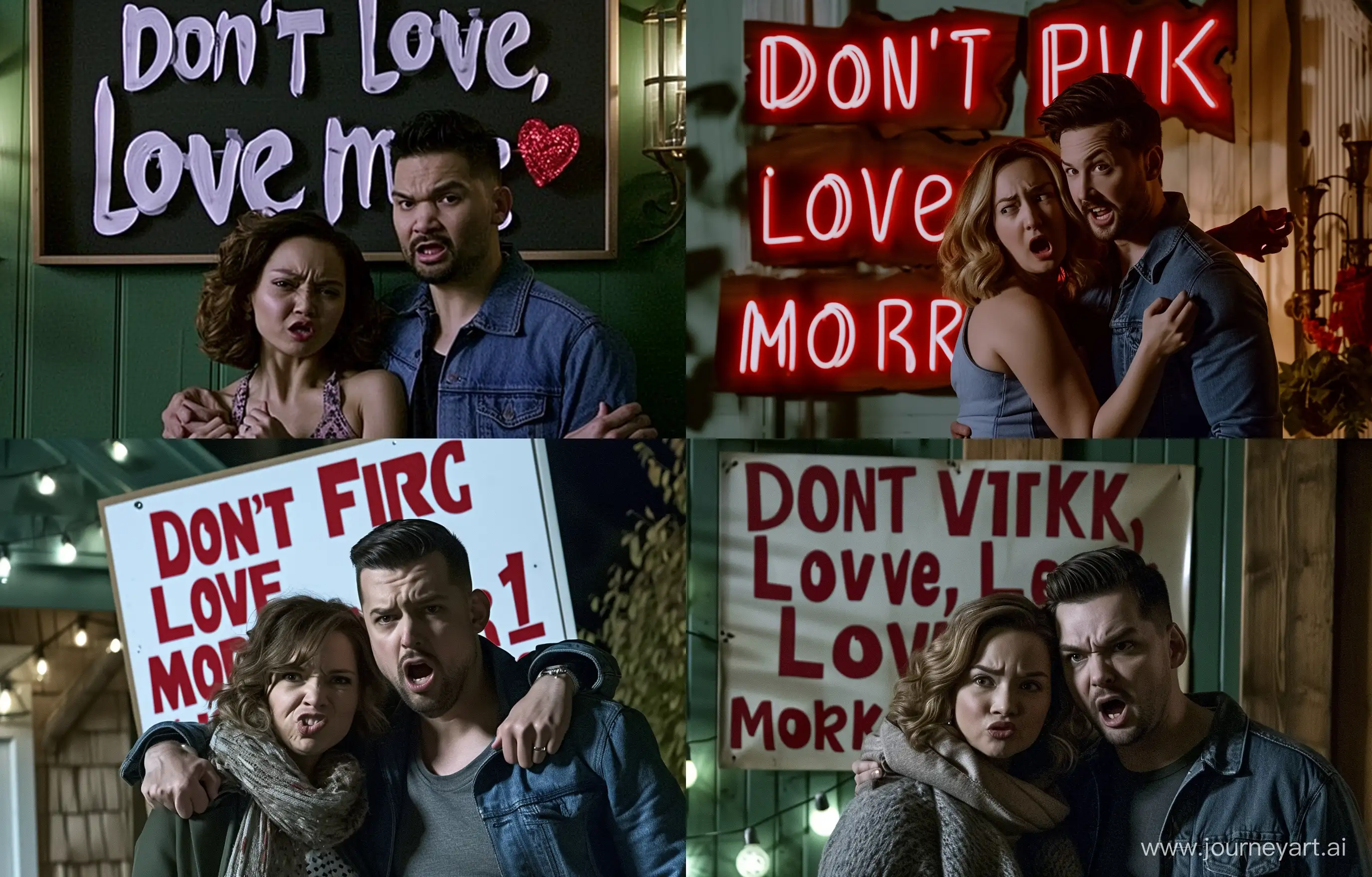 Photo of a man and a woman uncomfortable on their date at their parents' house in front of a sign that says “Don't fight, love more!" --v 6 --ar 14:9