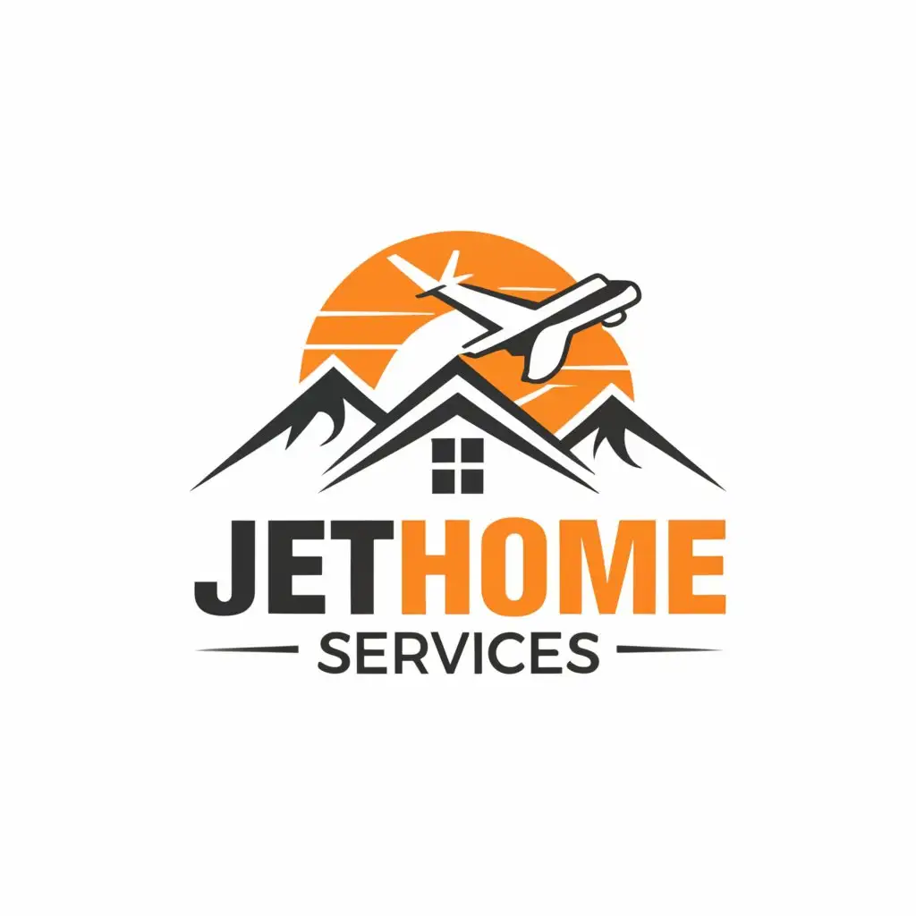 a logo design,with the text "Jet home services ", main symbol:Airplane flying above a mountain with homes,Moderate,be used in Construction industry,clear background