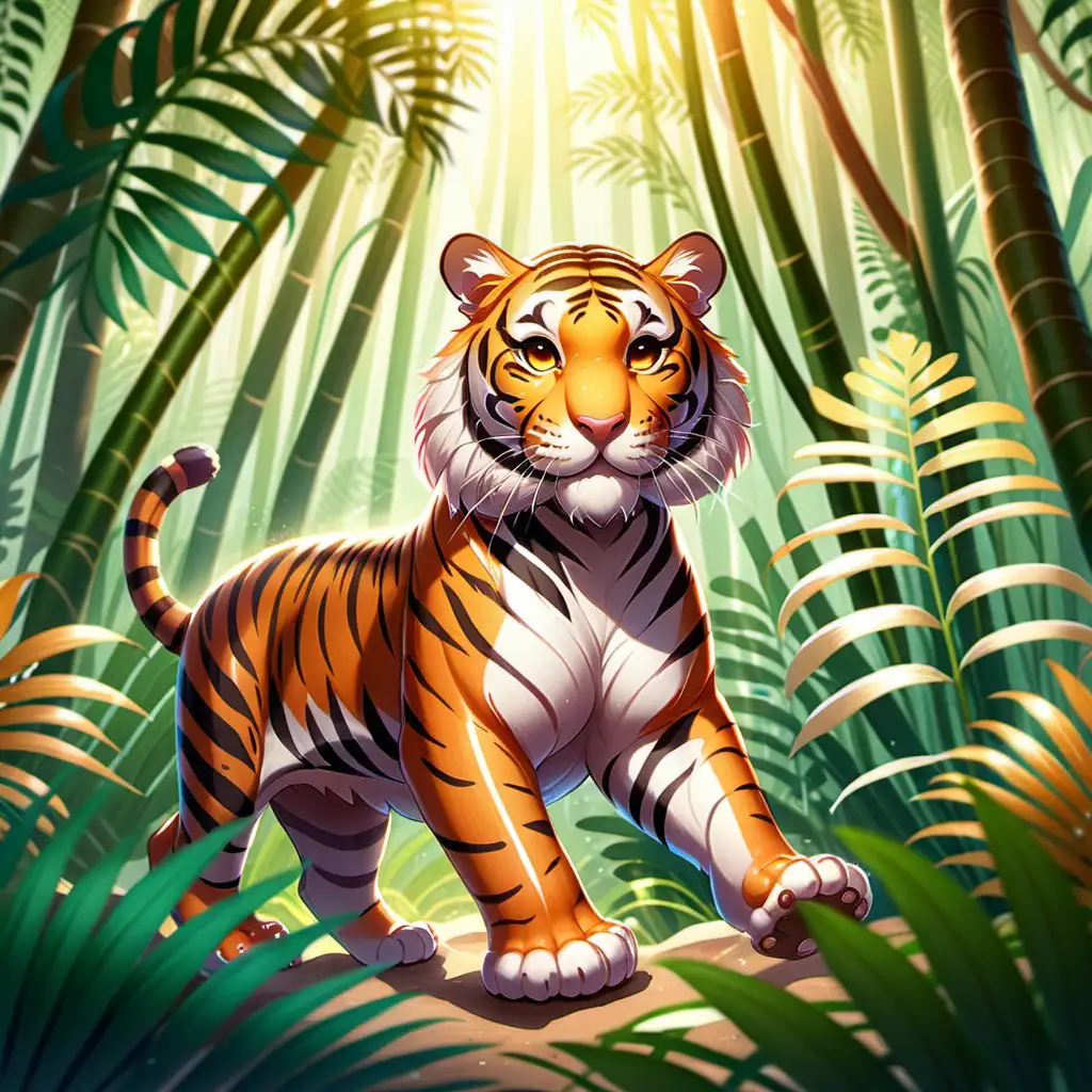 kawaii stil, Illustration, Asien, Titel: Der mächtige Bengalische Tiger
Illustration: Ein majestätischer Bengalischer Tiger schleicht durch den dichten Dschungel, seine gestreifte Fell glänzt im Sonnenlicht. Einige Tiger spielen fröhlich miteinander, während andere gemütlich dösen.