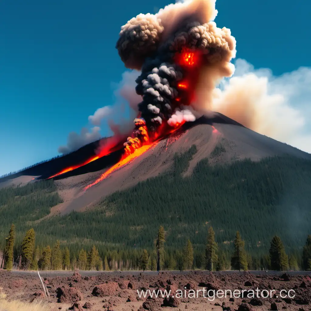 mt mazama blowing up in a vocanic explosion with red hot rocks and fire spewing