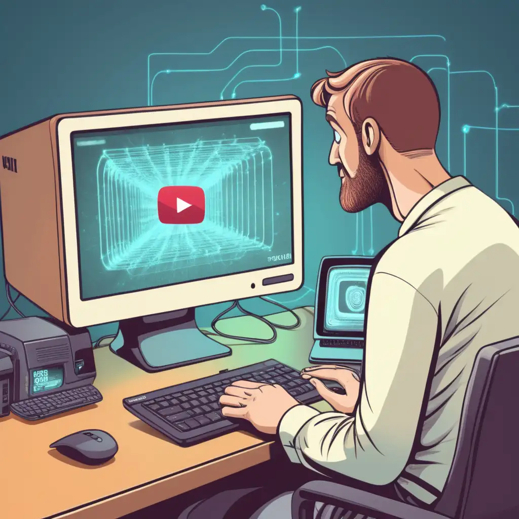 Colored image: man near of Computer looks the video "Secure Internet usage"