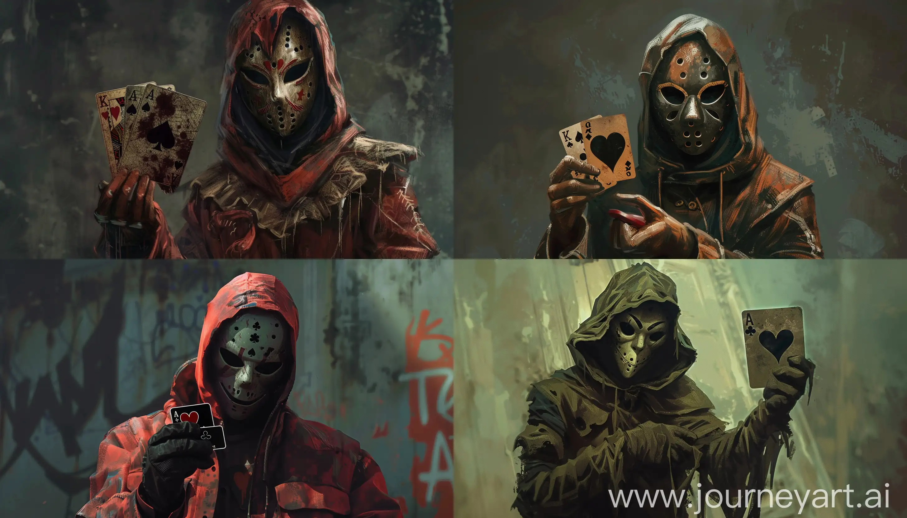 concept art dark  horror killer wearing mask carrying play card black heart  --ar 7:4