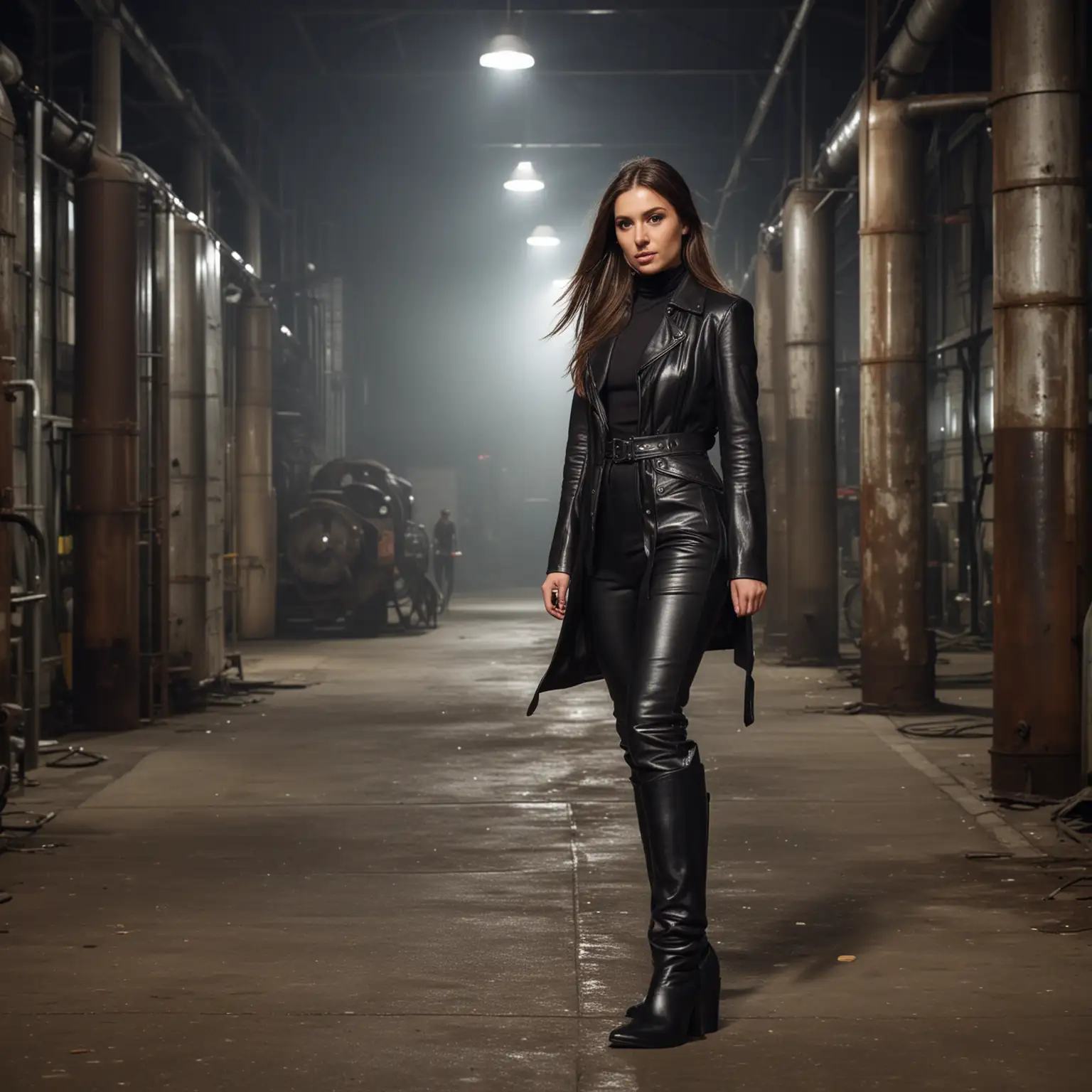 a brunette young lady, long hair, in a pony tail, walking with a long leather coat and leather pants and high heeled boots , at night in an old factory, with dimmed light
