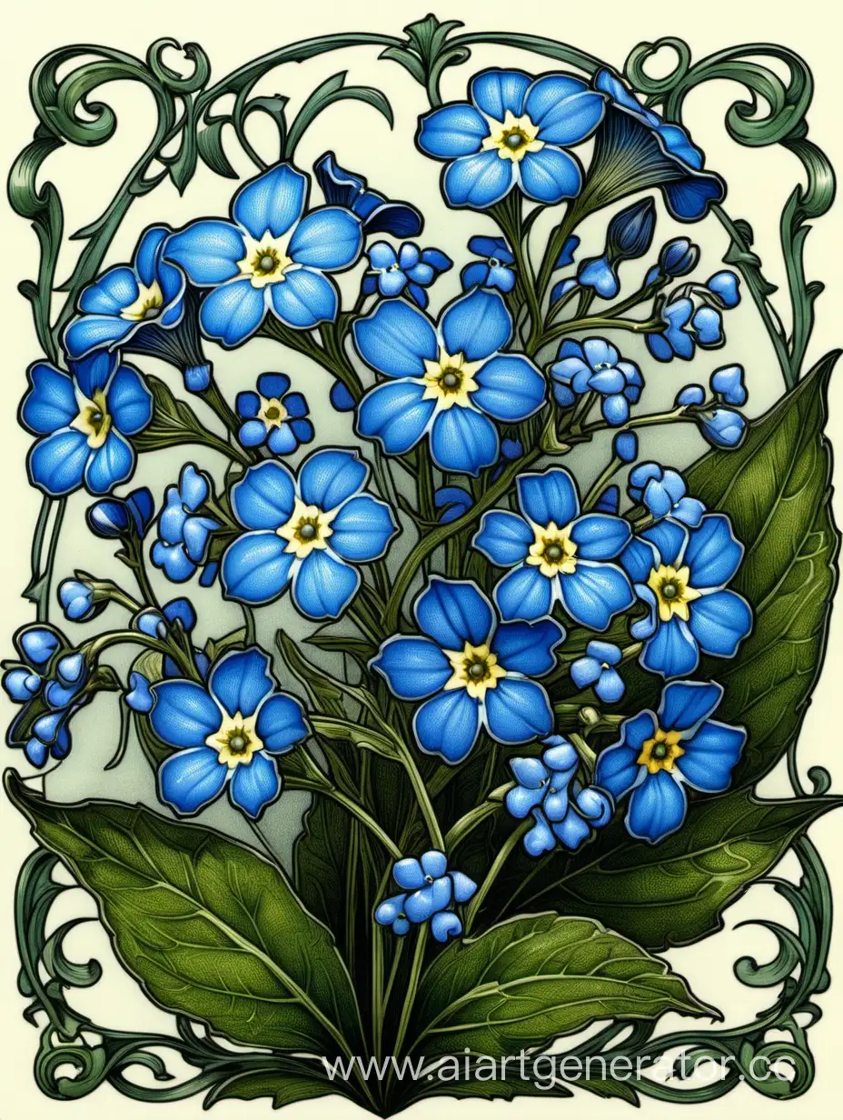 Vivid-Blue-Myosotis-Wall-Art-Realistic-Floral-Illustration-in-Art-Nouveau-Style