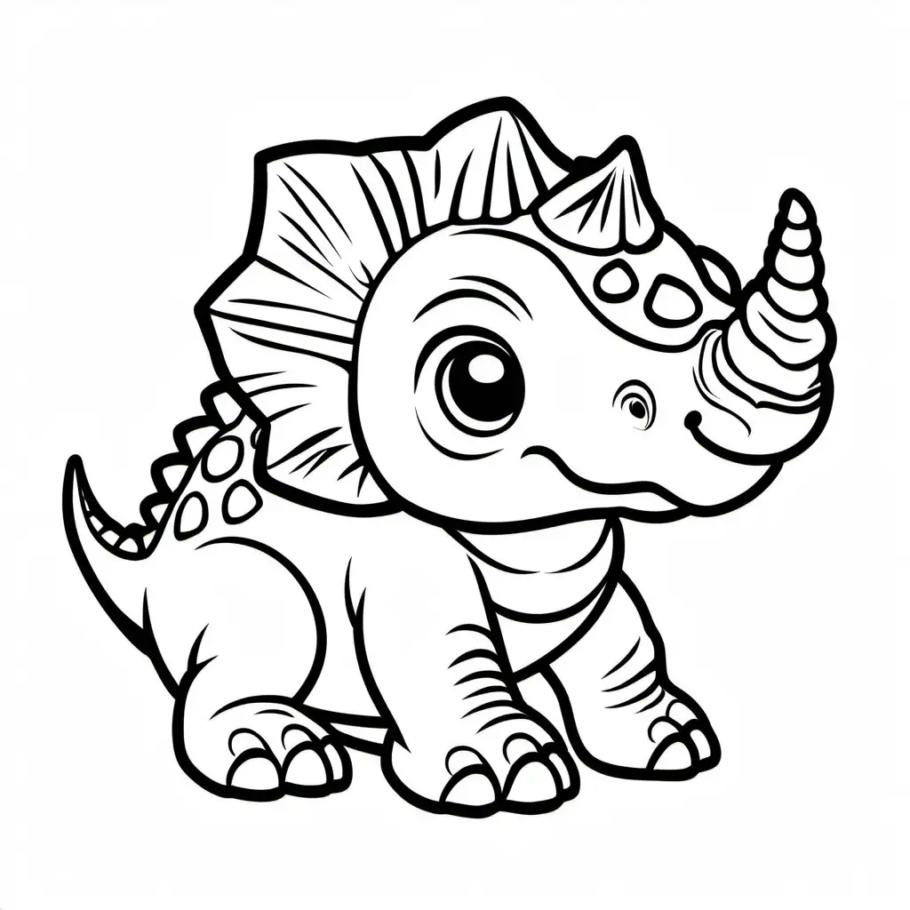 baby Triceratops with a clear background, Coloring Page, black and white, line art, white background, Simplicity, Ample White Space. The background of the coloring page is plain white to make it easy for young children to color within the lines. The outlines of all the subjects are easy to distinguish, making it simple for kids to color without too much difficulty