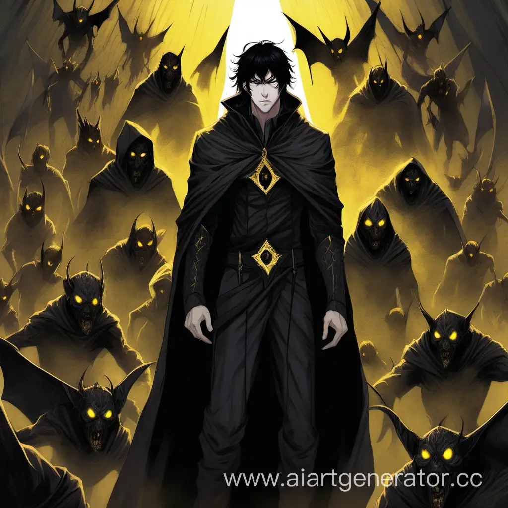 A male with black hair, yellow eyes, in a black long mantle, little black demons around.