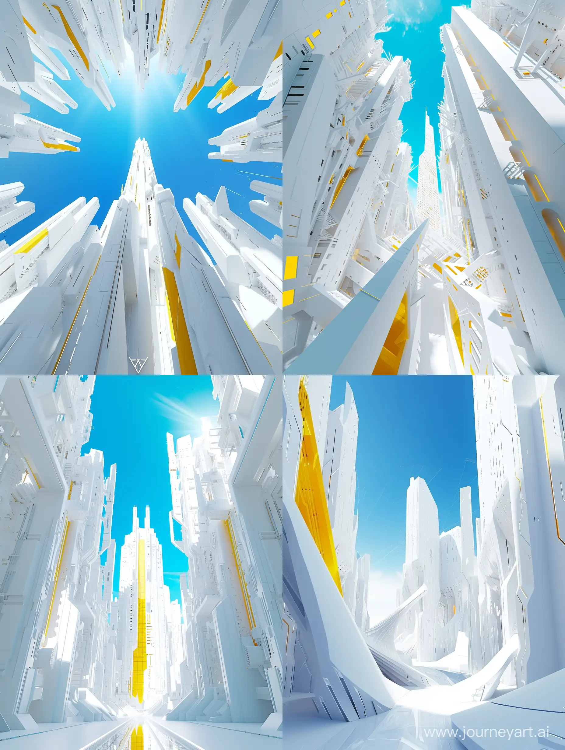 Super Futuristic white city with a minimalist white design with yellow and white colors like in mirrors edge catalyst, in the middle a large-scale structure rises in the blue bright sky. Ultra scenic Light, ultra complex, ultra octane render, HD, 8k, --v 6