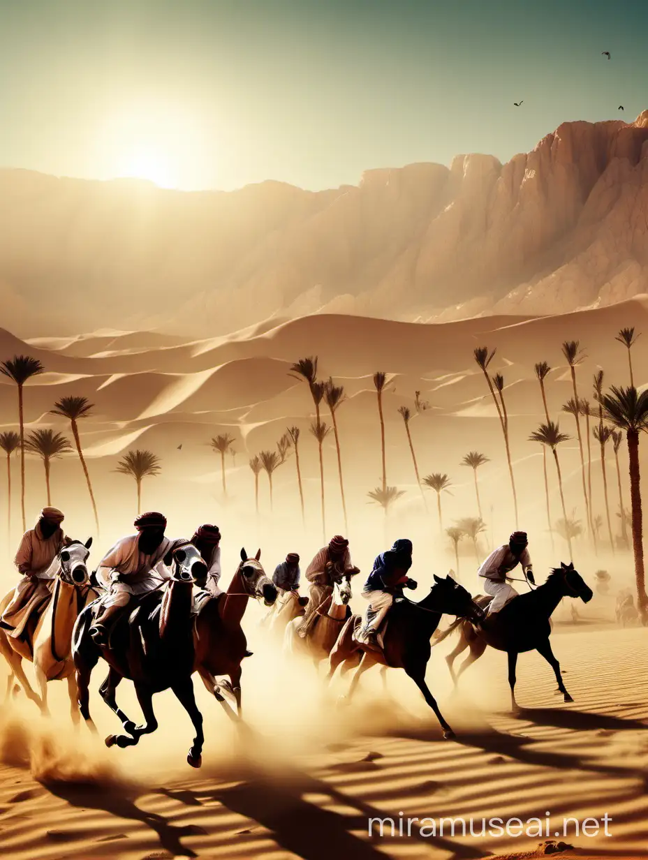 creat an image about A Bedouin scene in the desert with mountains and palms, some horses racing, and people watching the race