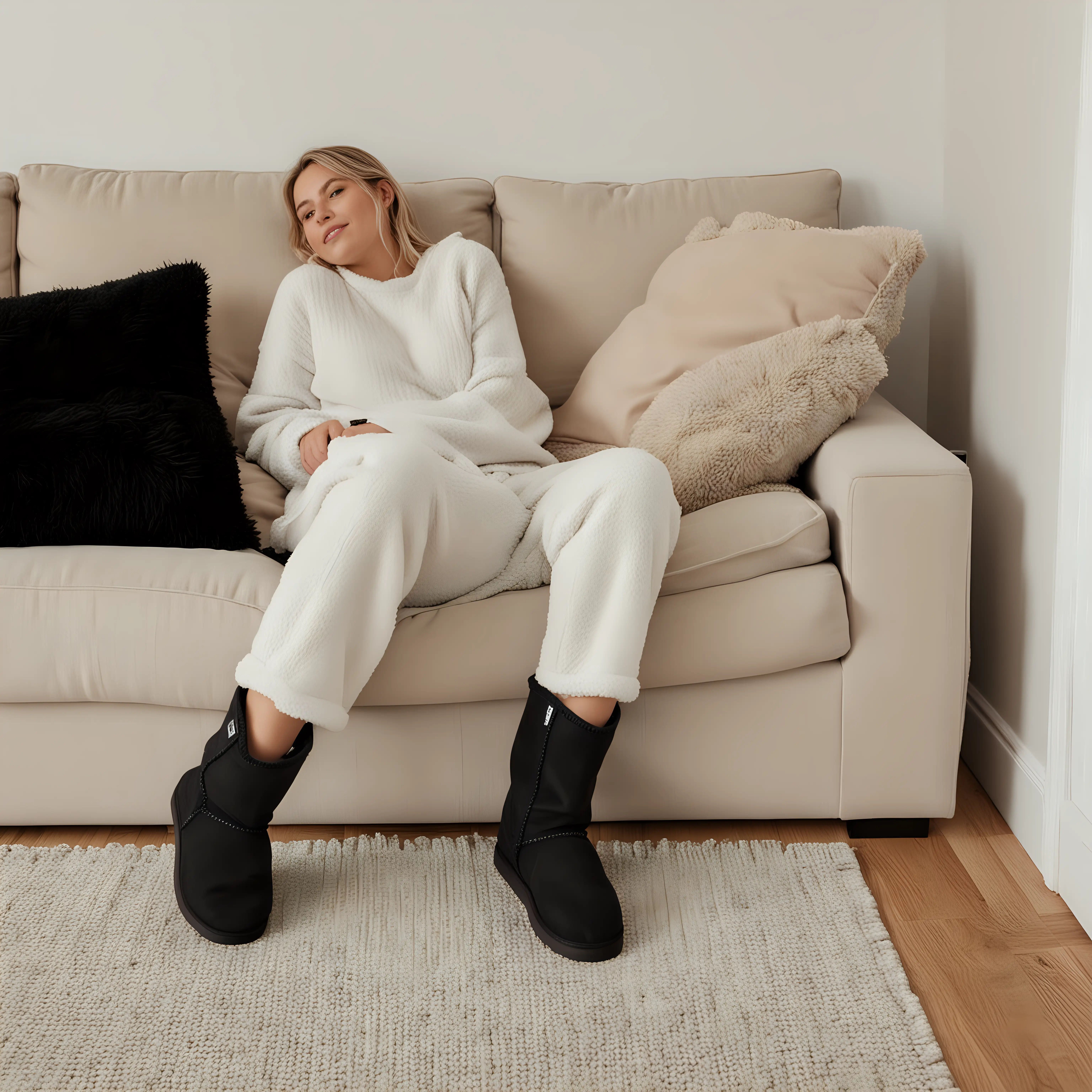 a person in pyjamas lounging on a sofa at home wearing Emu Australia plain black Ugg Boots