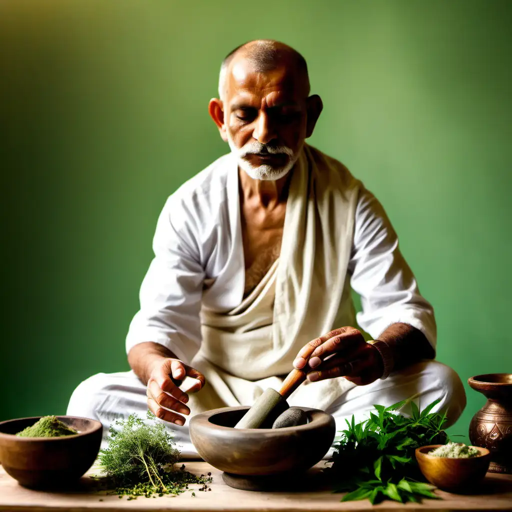 master shot of a old yogi dressed white, sitting and preparing a ayurvedic medicine by crushing some green herbs in a wooden pestle and mortar sitting in a serene ayurvedic setup