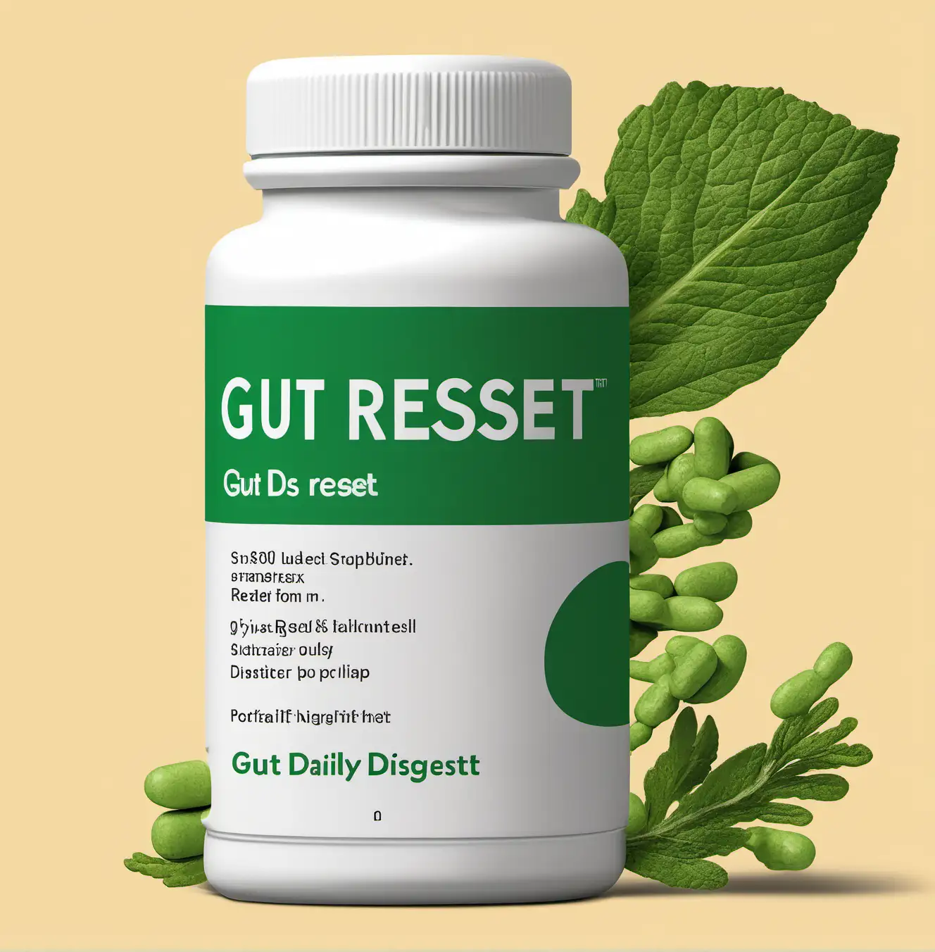white pill bottle with the brand name "Gut Reset" - a daily digestive supplement with green accent