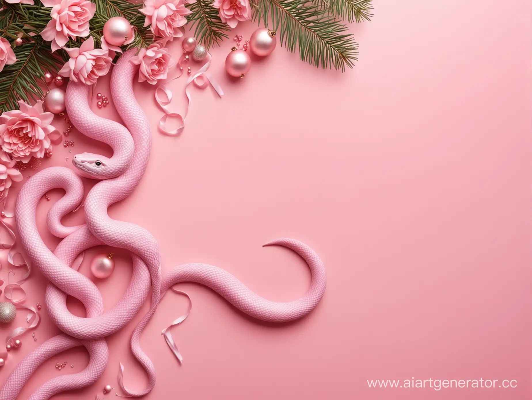 новогодний фон, змеиная тематика в пастельно розовых тонах 