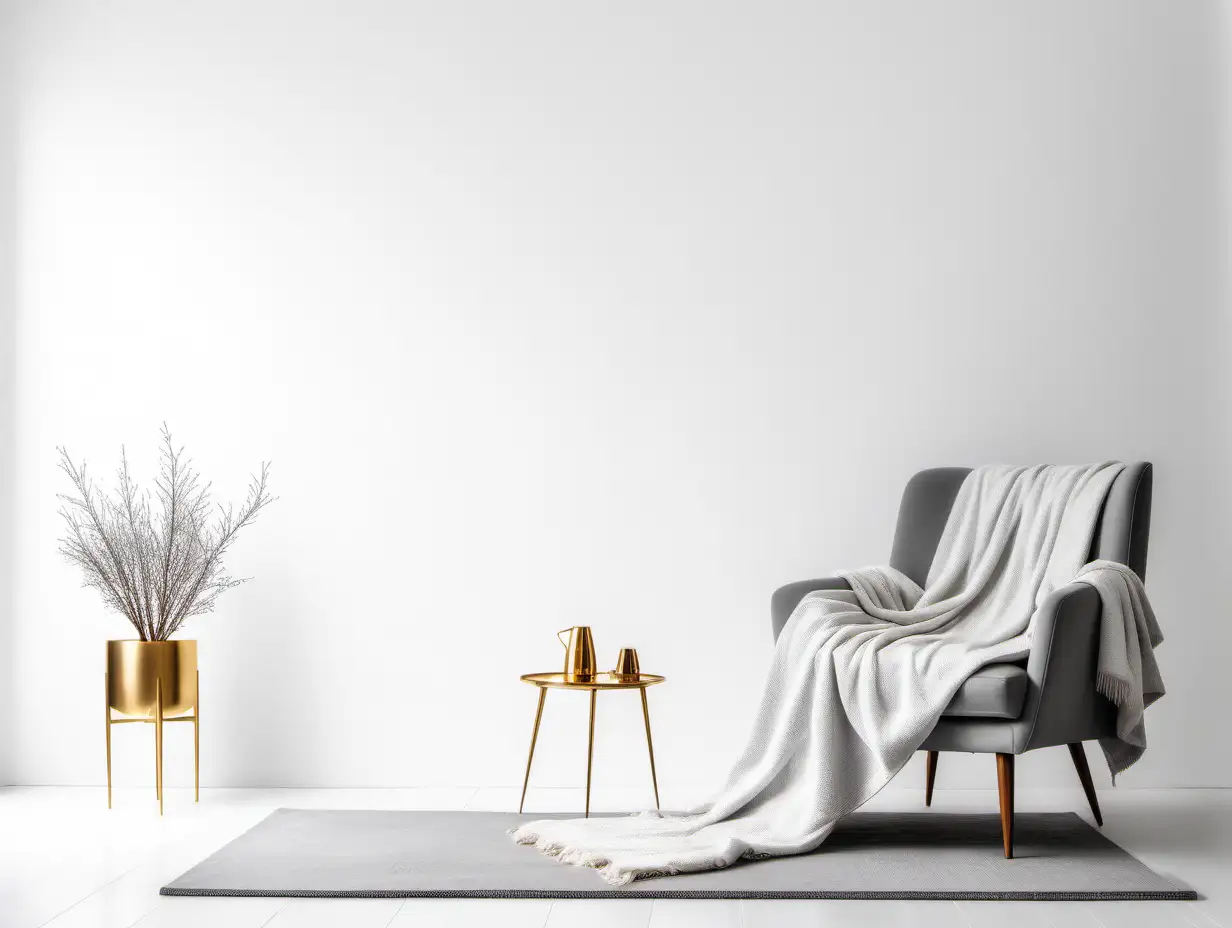 Commercial Photography, modern minimalist living room interior with white wall, grey chair, a white blanket and golden decor