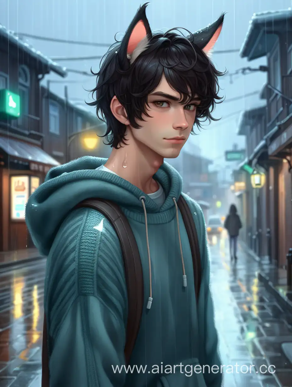 A beautiful dark-haired young man in a sweater with cat ears walks in the rain