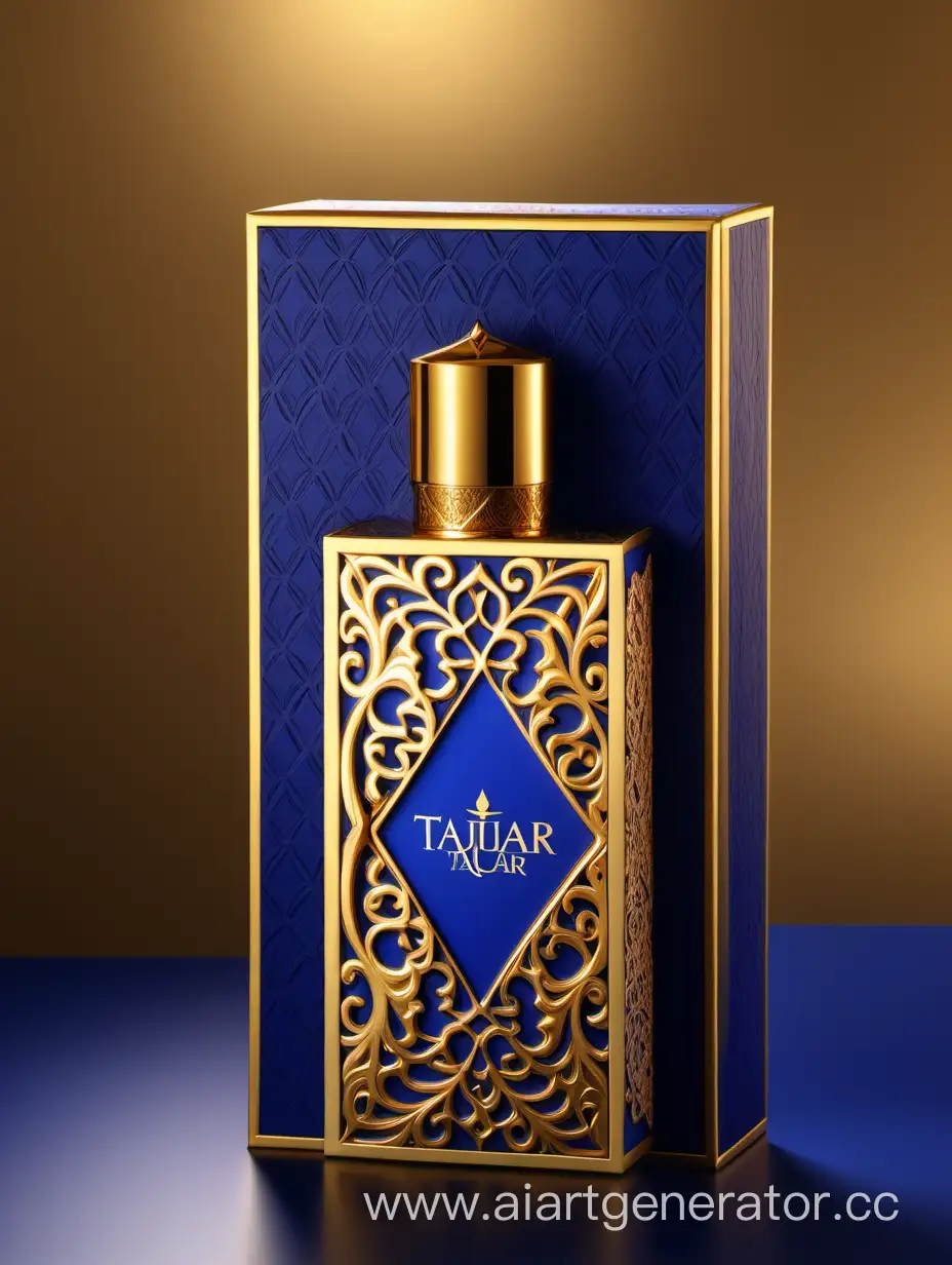 Box package design of perfume TAJDAR product, elegant, trending on artstation,   sharp focus,   studio photo,   intricate details,   highly detailed,   gold, Royal Blue and beige color on gold background