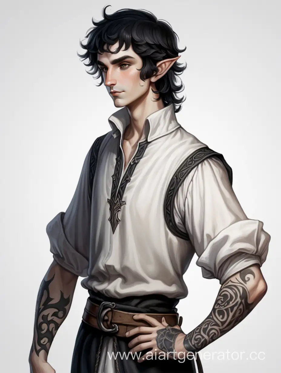 Взрослый мужчина эльф, с чёрными, короткими, растрёпанными волосами. Носит средневековую белую рубашку завёрнутыми рукавами. На левой стороне руке и щеке татуировка чёрного цвета. Средневековье. Худощавое телосложение.