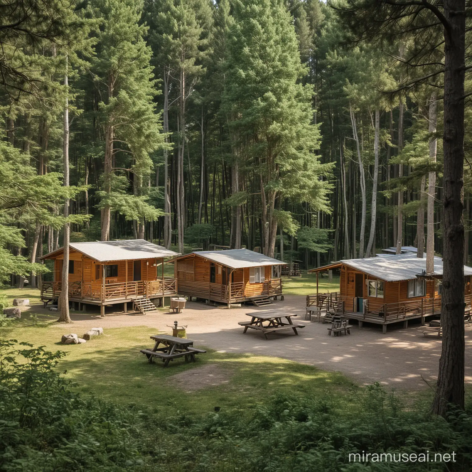 Serene Campsite with Rustic Wooden Cabins Surrounded by Towering Trees