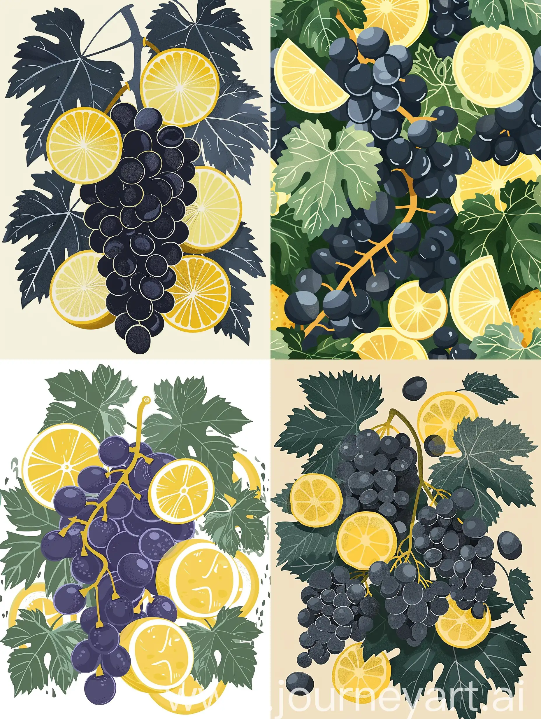 ornament of grape leaves and lemon slices, flat illustration, comic