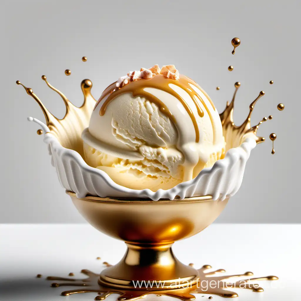 Сливочный белый пломбир шарик на блестяшей золотой чаше,  с брызгами белого молока, на белом фоне, фотореализм, гиперреализм