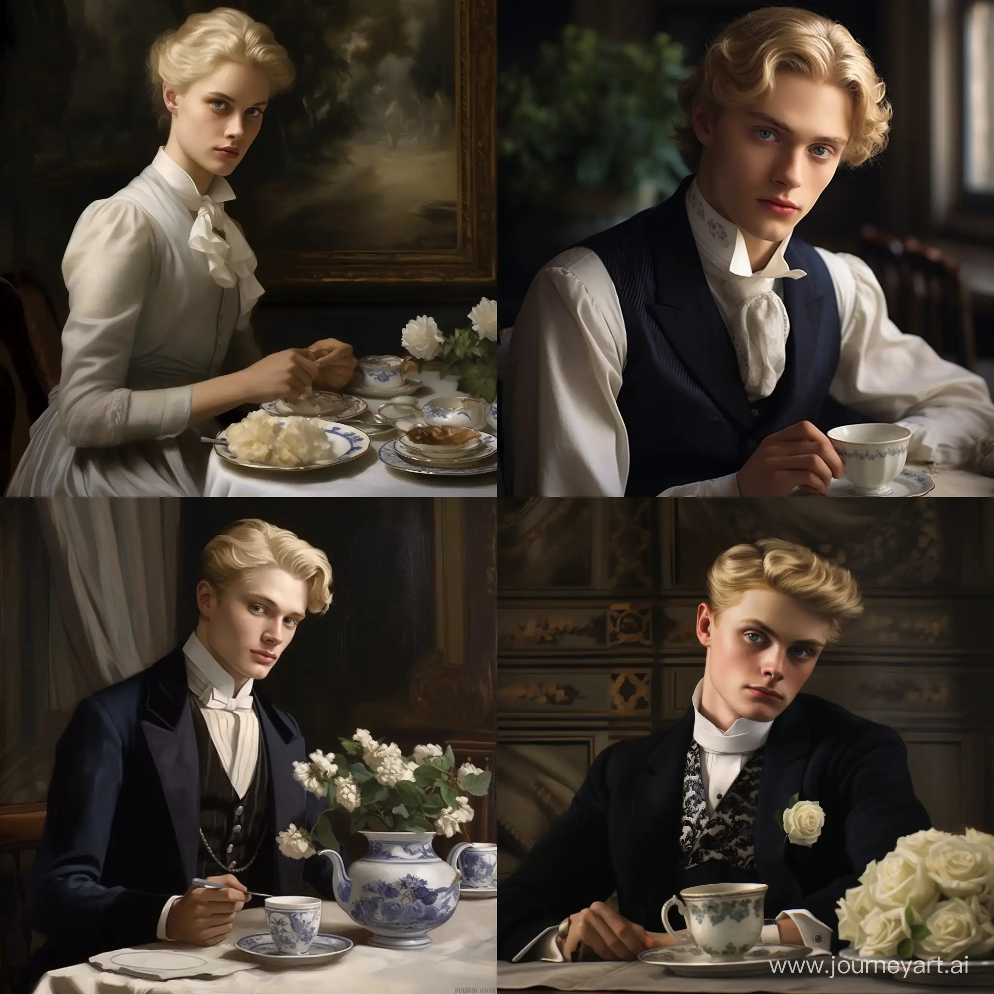 Молодой джентльмен Викторианской эпохи. Голубоглазый блондин. Ожидает подачи ужина