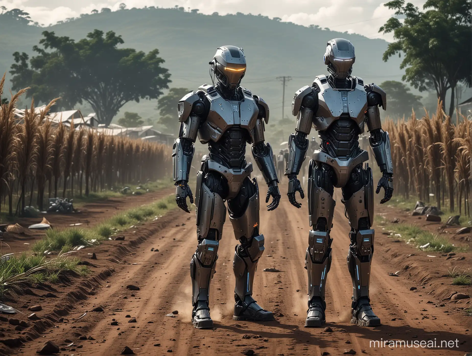 cyberpunk riot in South America of robot police fighting human farmers