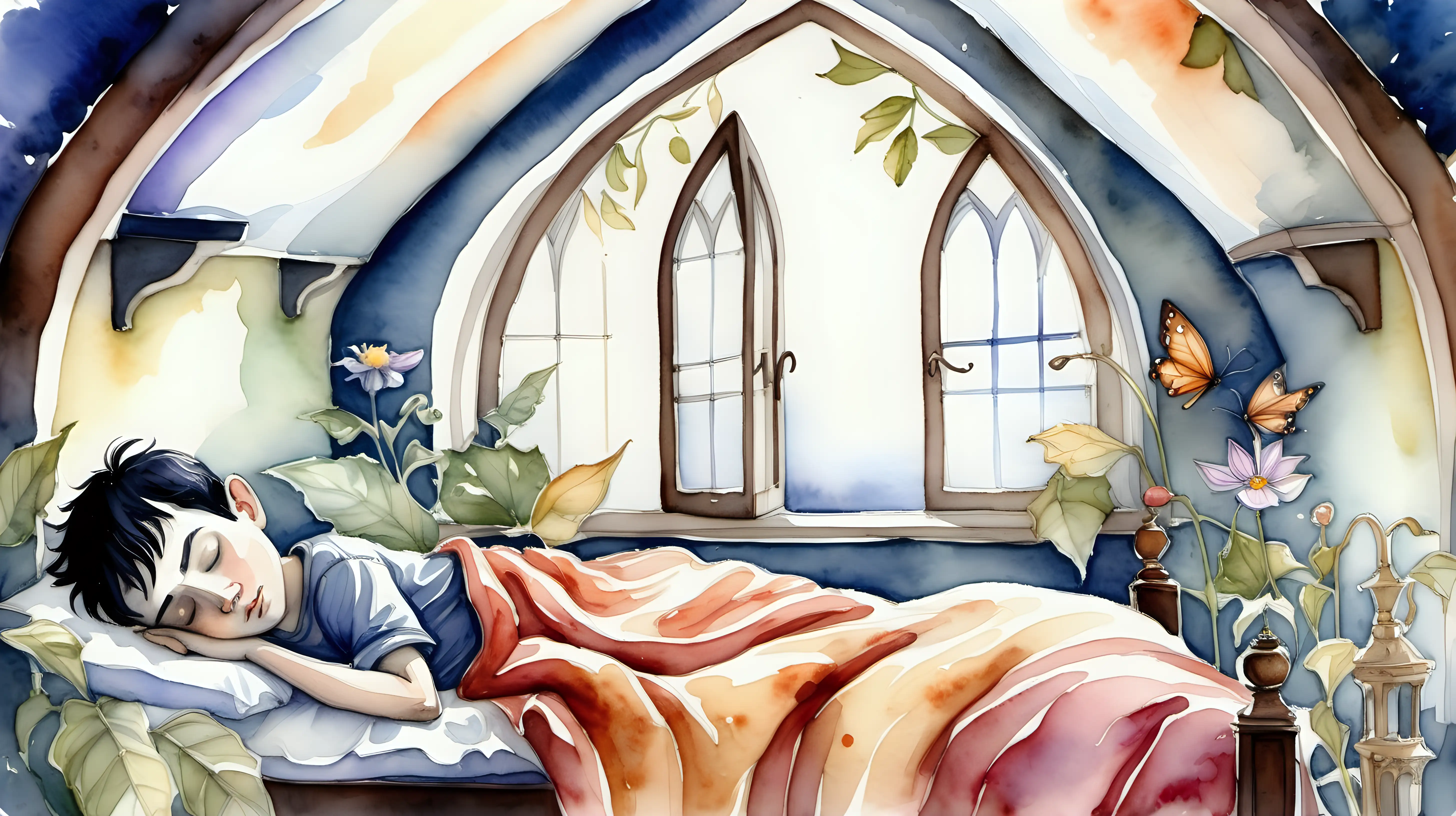Watercolour fairy story painting. Inside a beautiful fairytale house a blackhaired young male pixie is asleep in bed. 
