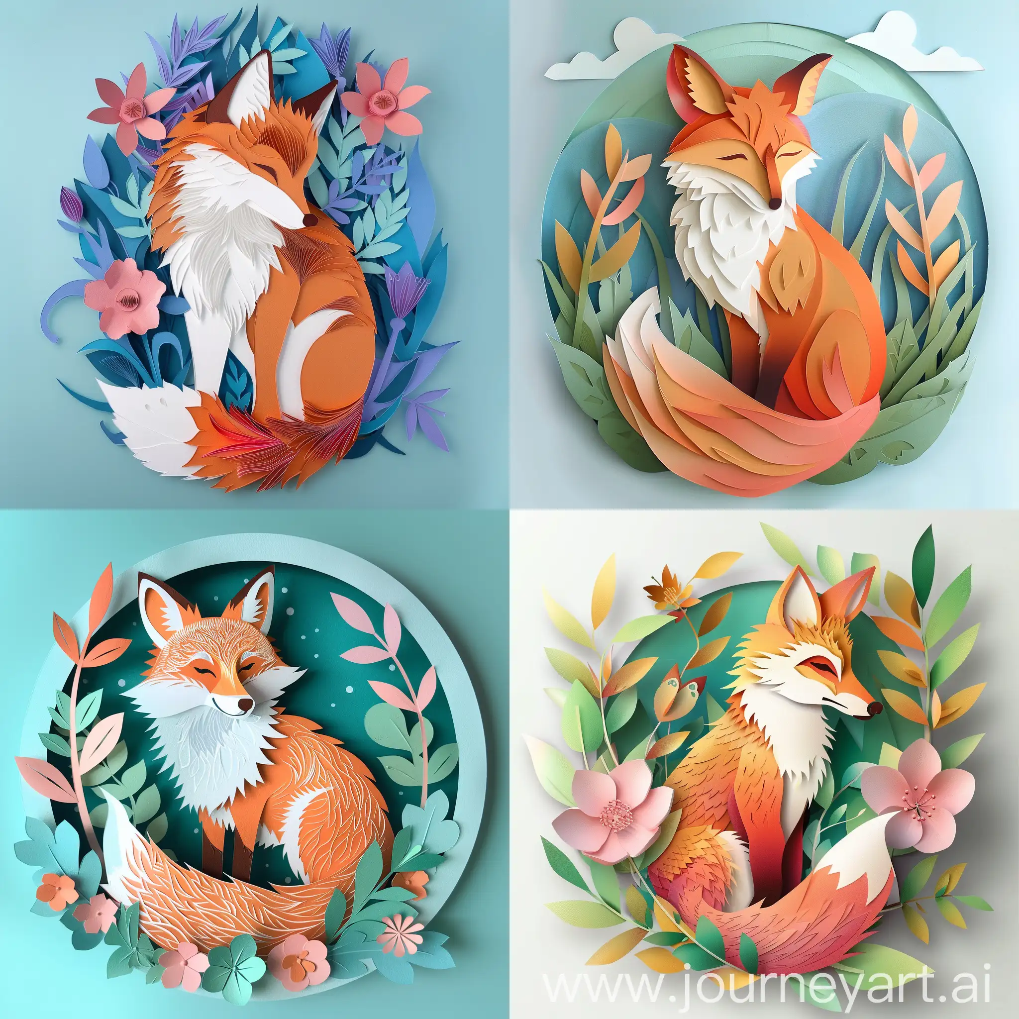 papercut fox, creative, illustration, pastel colors
