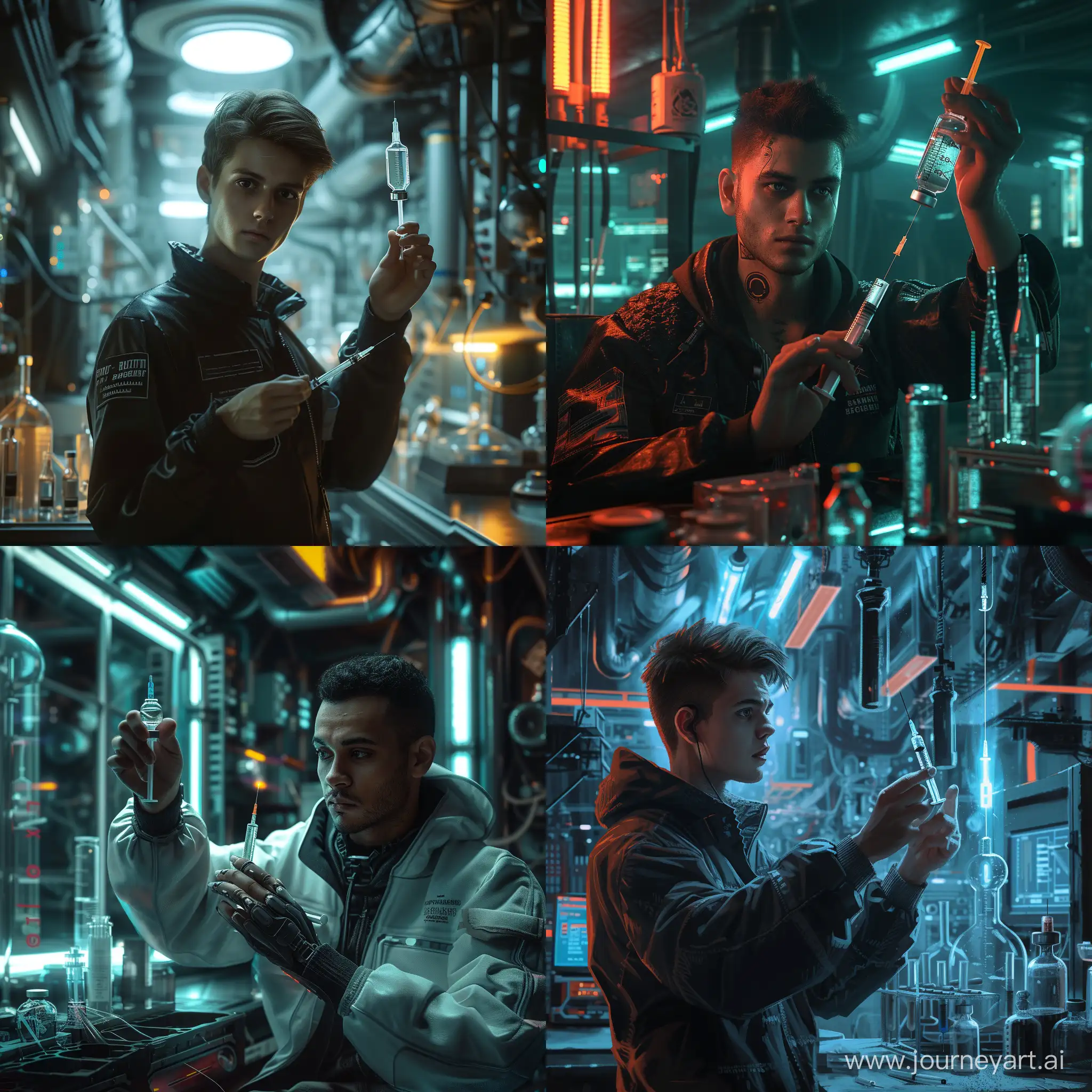 a futuristic drug dealer young male holds a syringe in a futuristic lab in an underground base..photorealistic..atmospheric lighting