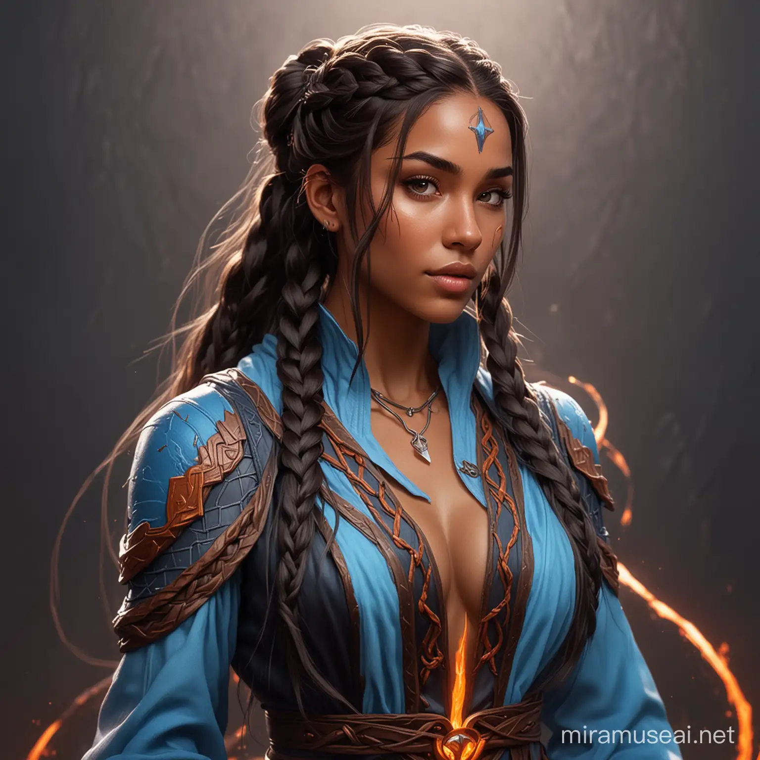 Mystical BrownSkinned Mage with Glowing Magma Lines and Braided Hair in Dungeons and Dragons Style