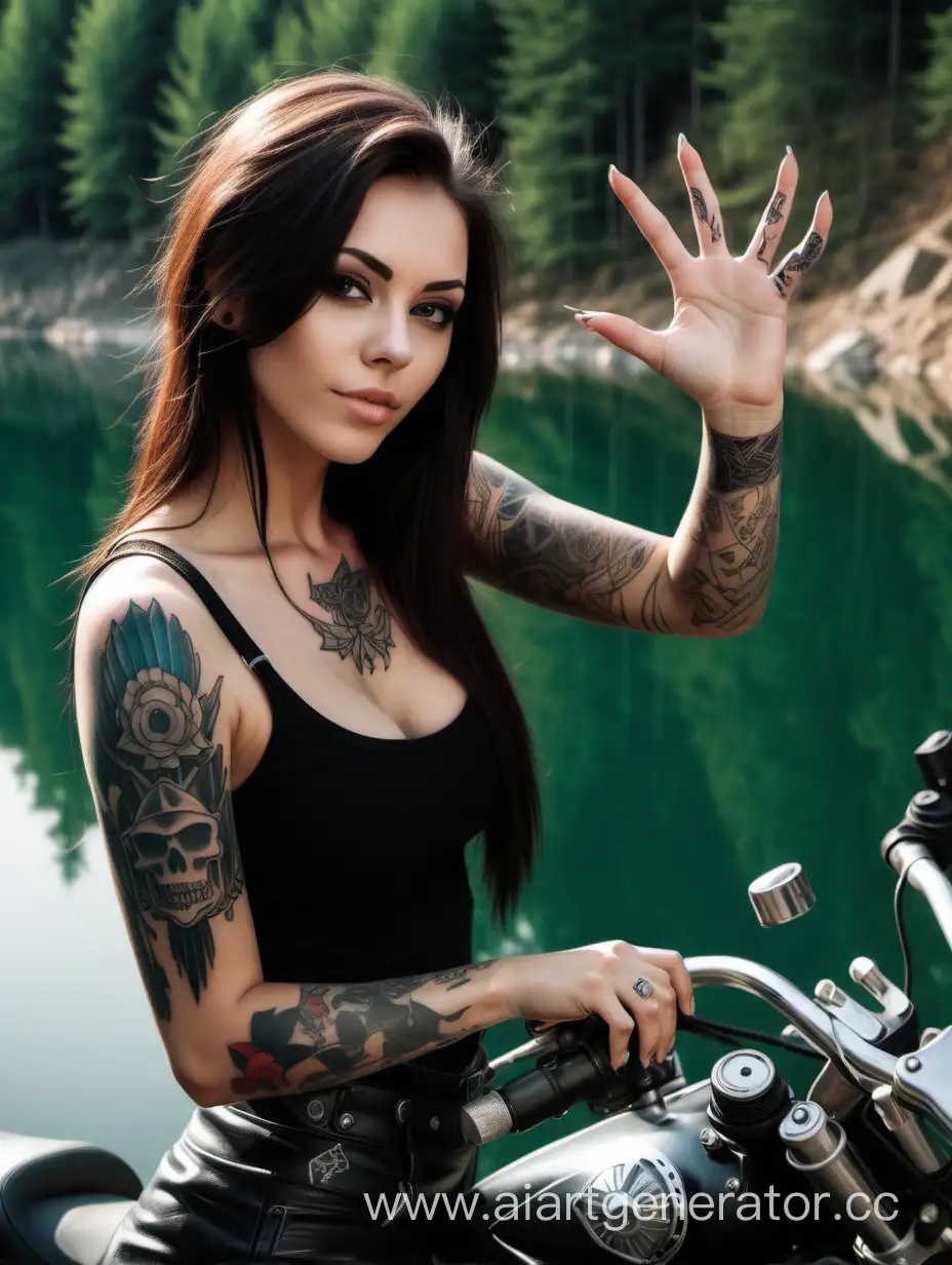 Красивая брюнетка с четырьмя пальцами, с татуировкой на мотоцикле на природе, озеро, карьер