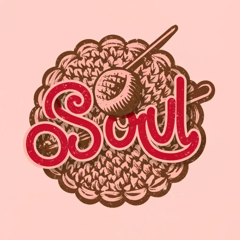 a logo design,with the text 'Soul', main symbol:Design a logo for 'Soul,' a brand specializing in crochet products like blouses, toys, and bags. The central motif should showcase the brand name 'Soul,' with the 'o' represented by a crochet ball, accompanied by a crochet sewing needle. Incorporate a color pink, creating a cohesive and visually appealing design.,Moderate,clear background