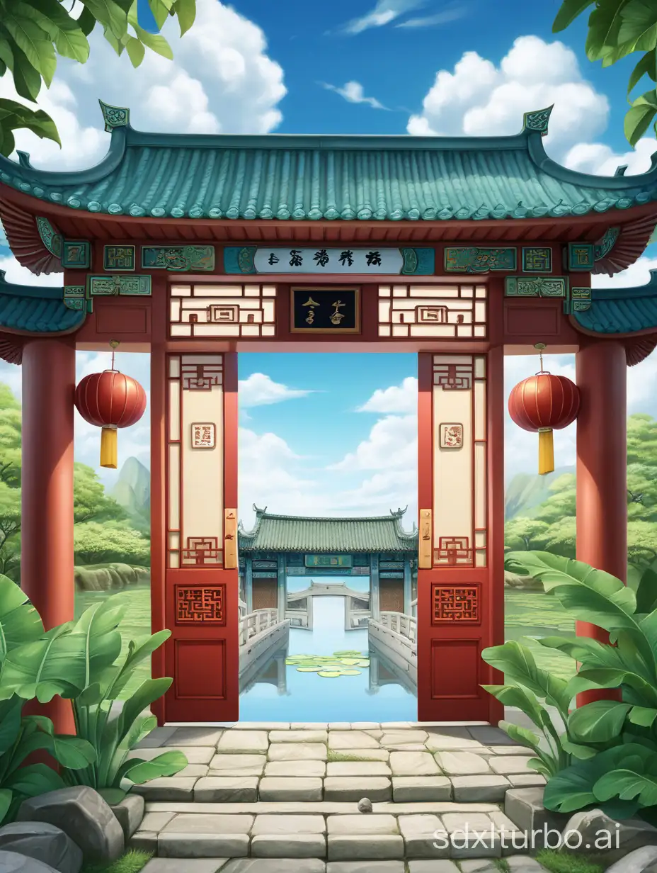 第一人称视角，中国风特色门。后面有是咸拱门，两边有芭萑叶 的面: 点有水池，最 前面有个石头地板，天空，云，蓝绿色调，新海诚，中国风卡通