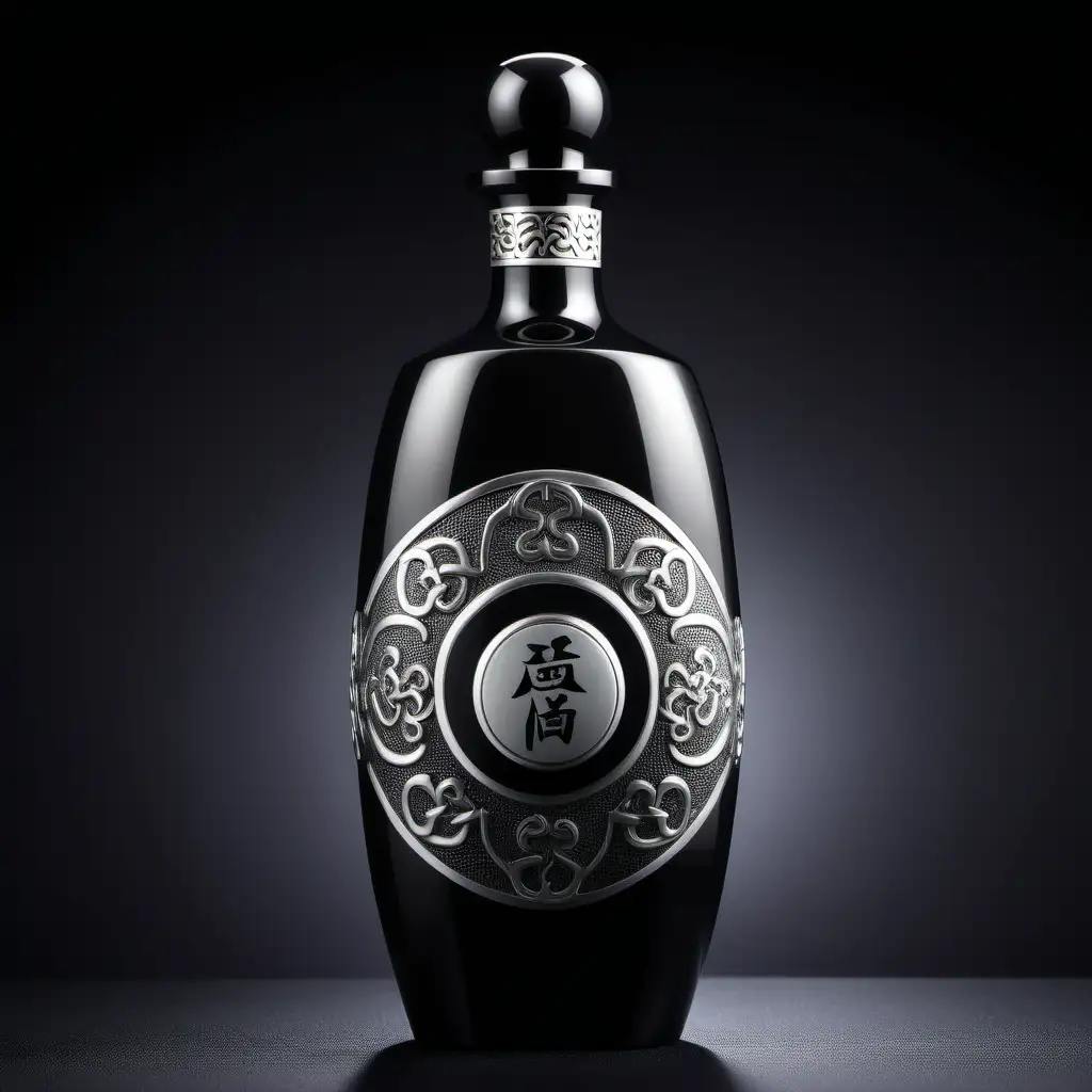 Chinese health and wellness liquor bottle design, high end liquor, 500 ml opaque bottle, precision product photograph images, high details, very creative bottle shape design,  highlight the nobility, to emphasize the theme of health and wellness, ceramic bottles,  black and silver texture