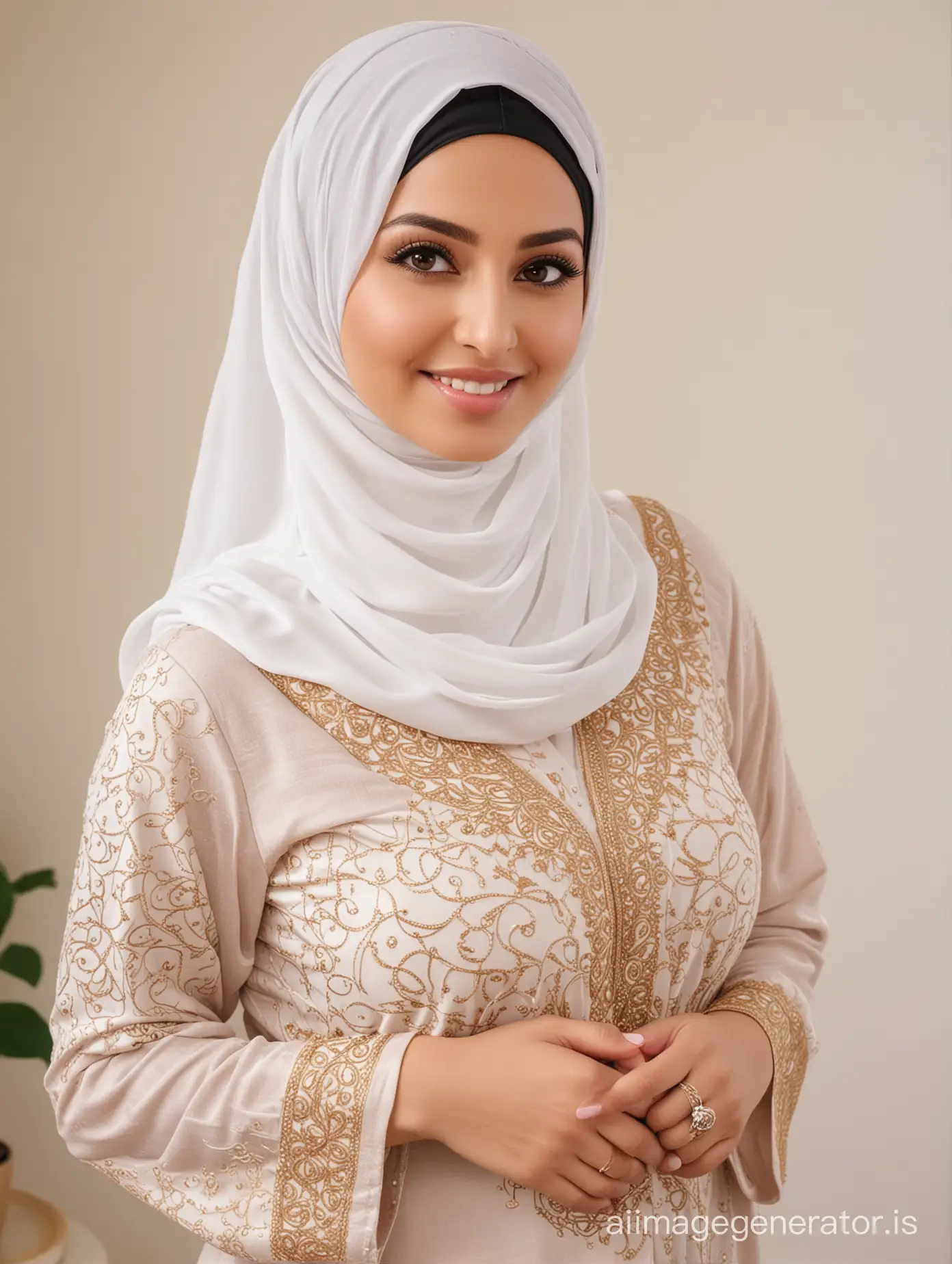 Beautiful Busty Arabic Muslim woman greeting, fair skin, Eid greetings , curvy figure