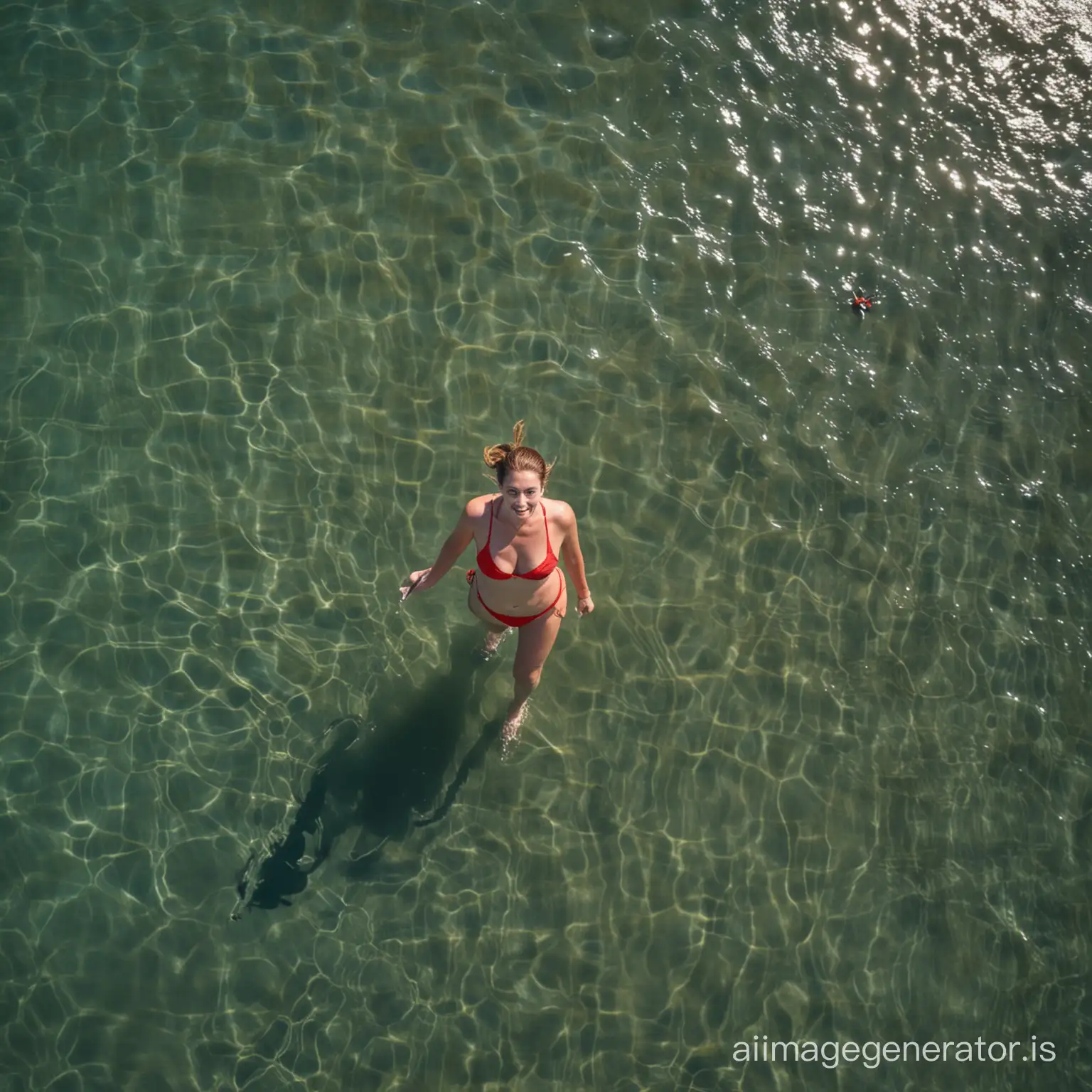 A photo taken from a low-altitude drone of a woman walking in the ocean and looking at the drone's camera; she is wearing a red bikini.