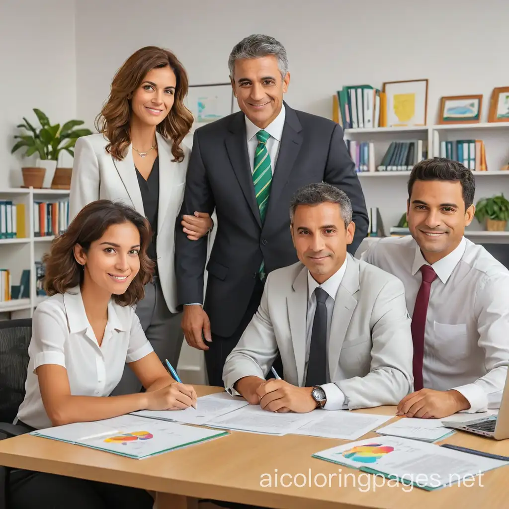 Men and women, middle-aged Brazilian lawyers in a colorful Brazilian law office, are analyzing documents on the computer. Coloring Page, black and white, line art, white background, Simplicity, Ample White Space. The background of the coloring page is plain white to make it easy for young children to color within the lines. The outlines of all the subjects are easy to distinguish, making it simple for kids to color without too much difficulty.
