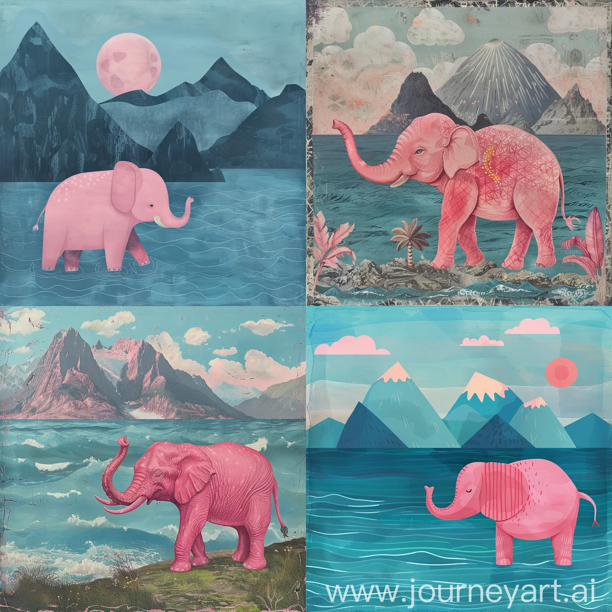 pink elephant at the sea with mountains