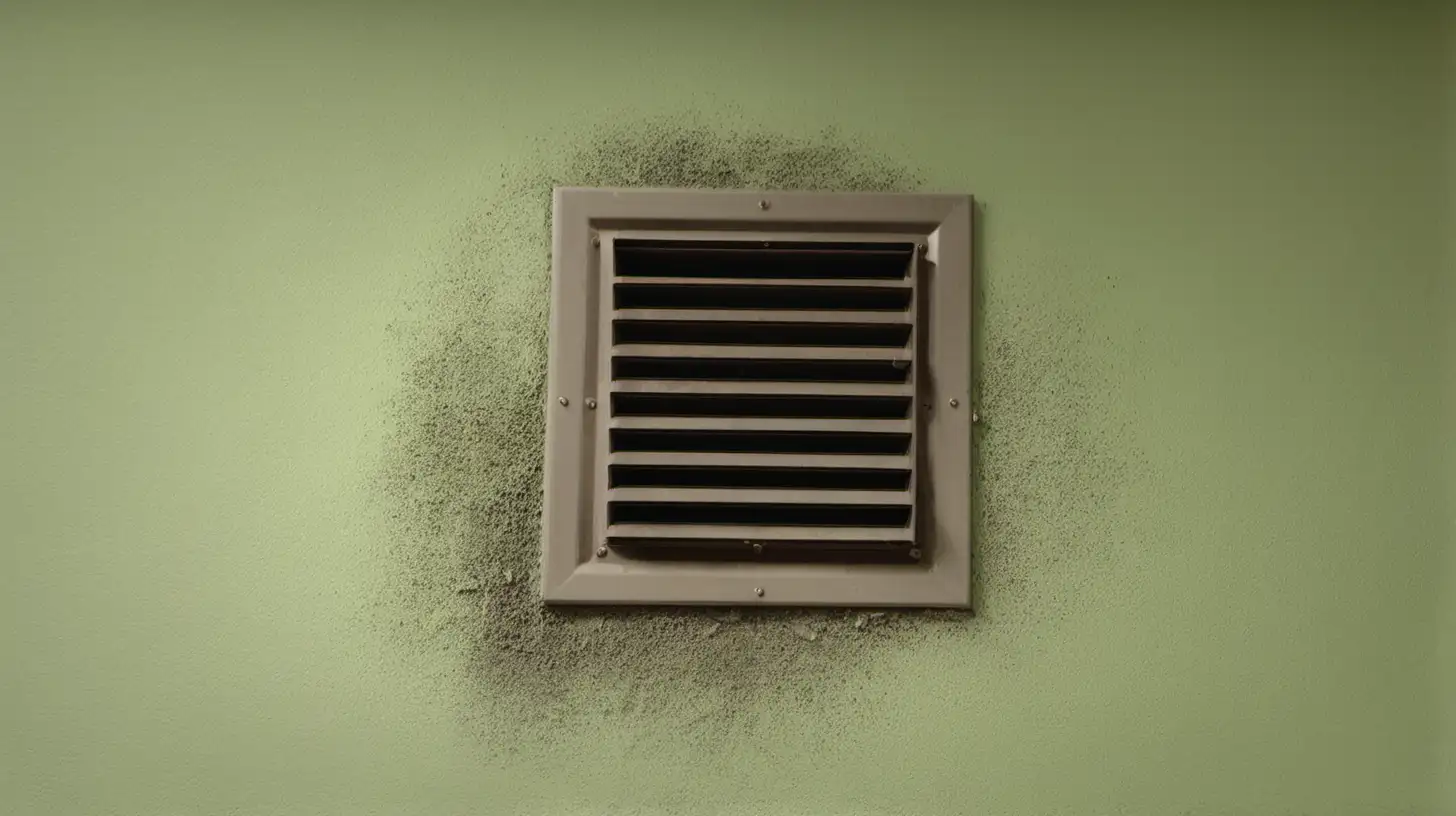 Dusty Vent on Light Green Wall Grungy Ventilation Fixture in Muted Surroundings