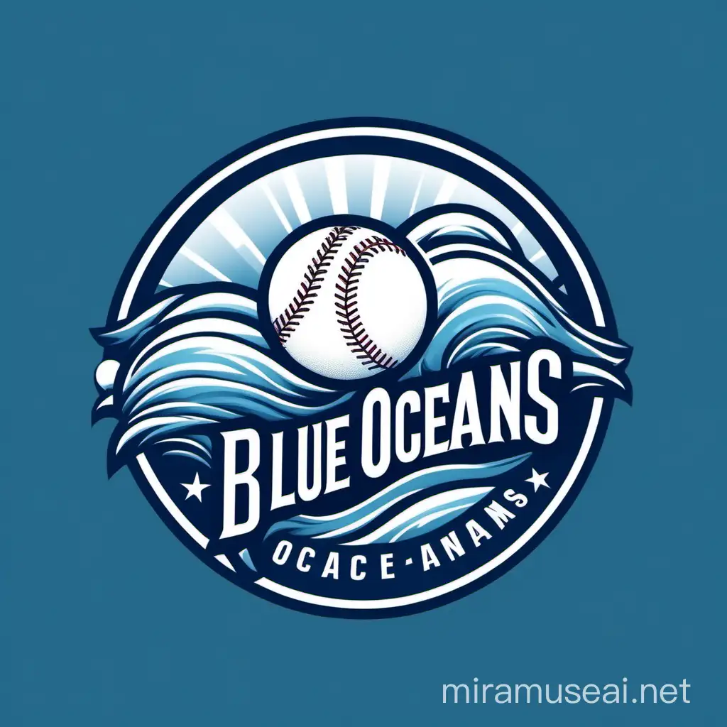 a simplified Logo for a baseball team named BLUE OCEANS that has a single wave with a baseball in it