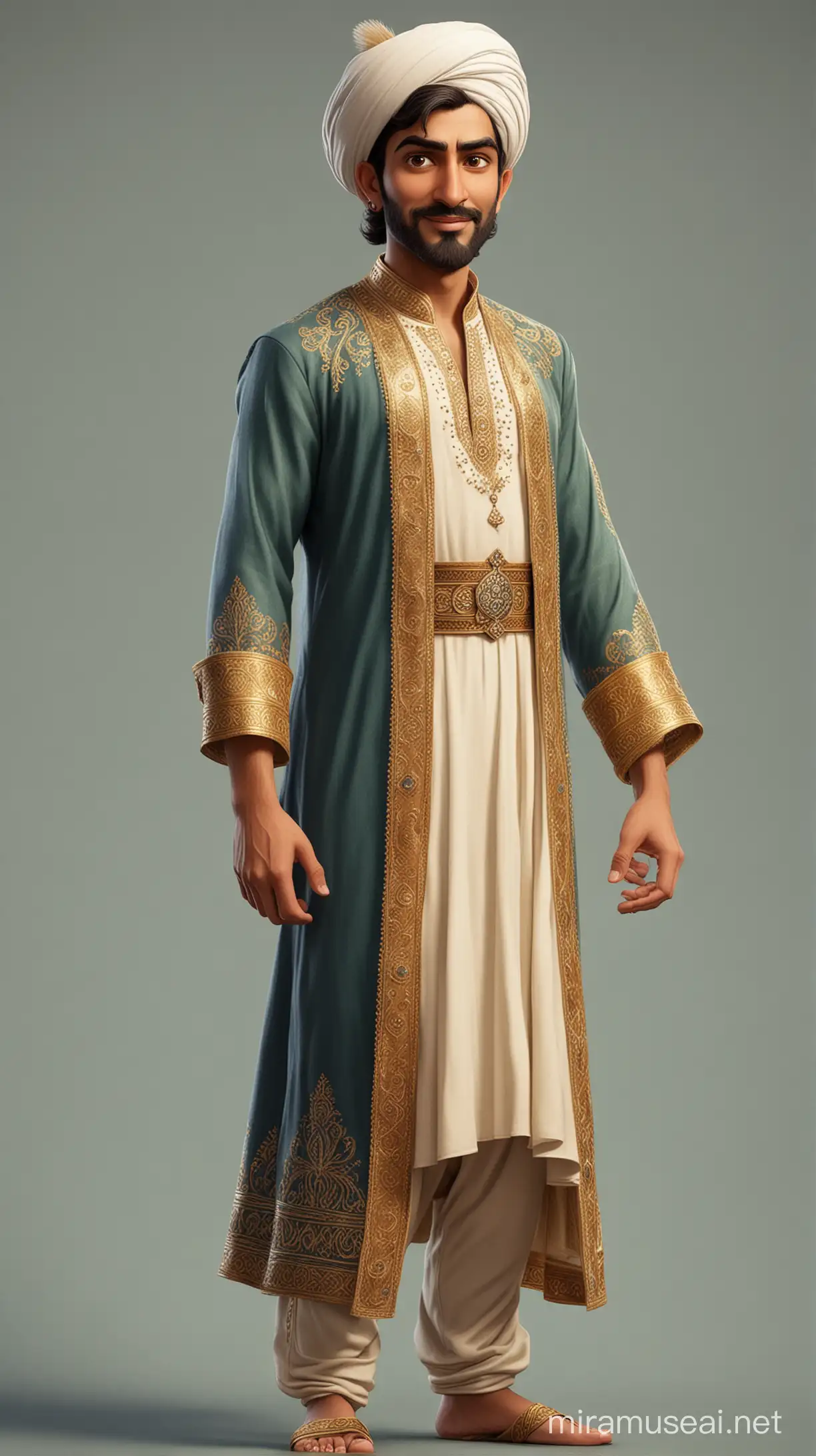 An persian guy, wearing Shahi dress as he is an Islamic king of Bengal, standing up, tall, Semi caricature, disney style, full body