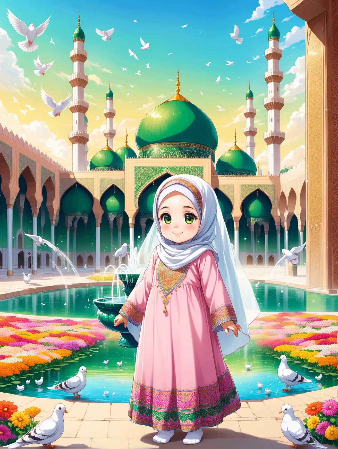 Character Persian little girl(full height, proudly, Muslim, baby face, with emphasis no hair out of veil(Hijab), smaller eyes, bigger nose, white skin, cute, smiling, wearing socks, clothes full of Persian designs).

Atmosphere beautiful Jamkaran mosque, yard, green dome, colorful flowers, pond with water fountain, many pigeons, nobody.