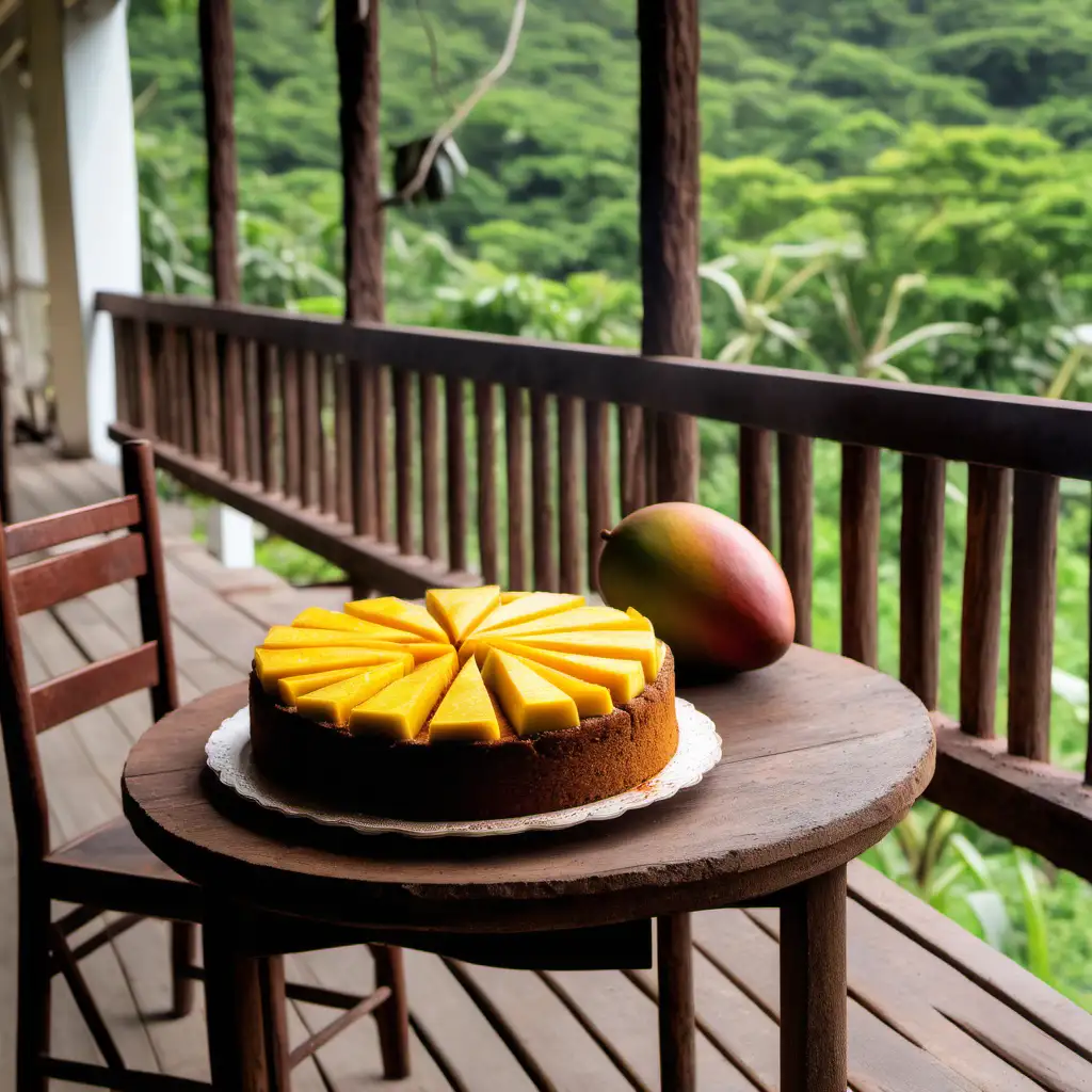 A slice of rust brown cake is on top is on the table. A single ripe juicy mango is beside it on the table.The table is on the veranda. A wooden chair is beside the table.