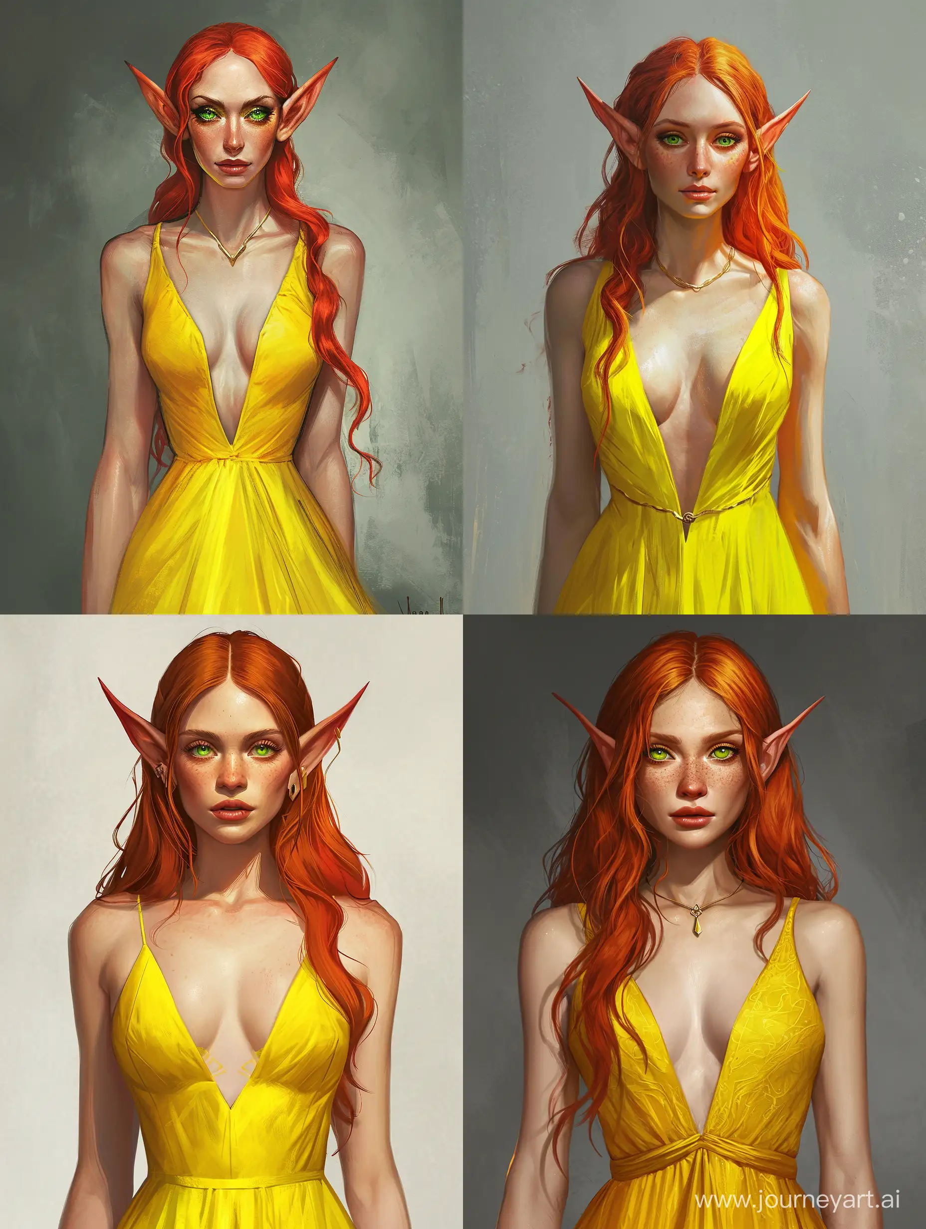 Ida Emean Aep Sivney: Elven features, with pointed Elf ears. Green eyes, flaming red hair.   Wearing a Sleeveless bright yellow gown with a deep plunging V neckline.  No jewellery. Use the Gwent art from the games as inspiration for her.  Create a waist up portrait. 